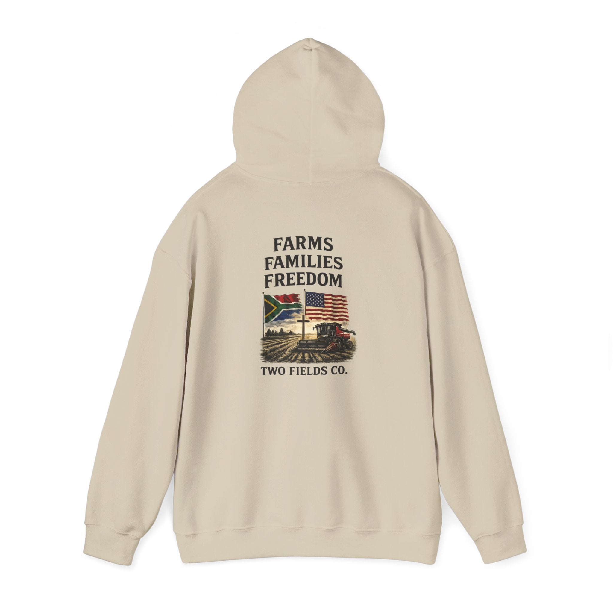 Beige pullover hoodie with back graphic text and landscape, hooded silhouette, Two Fields Co.