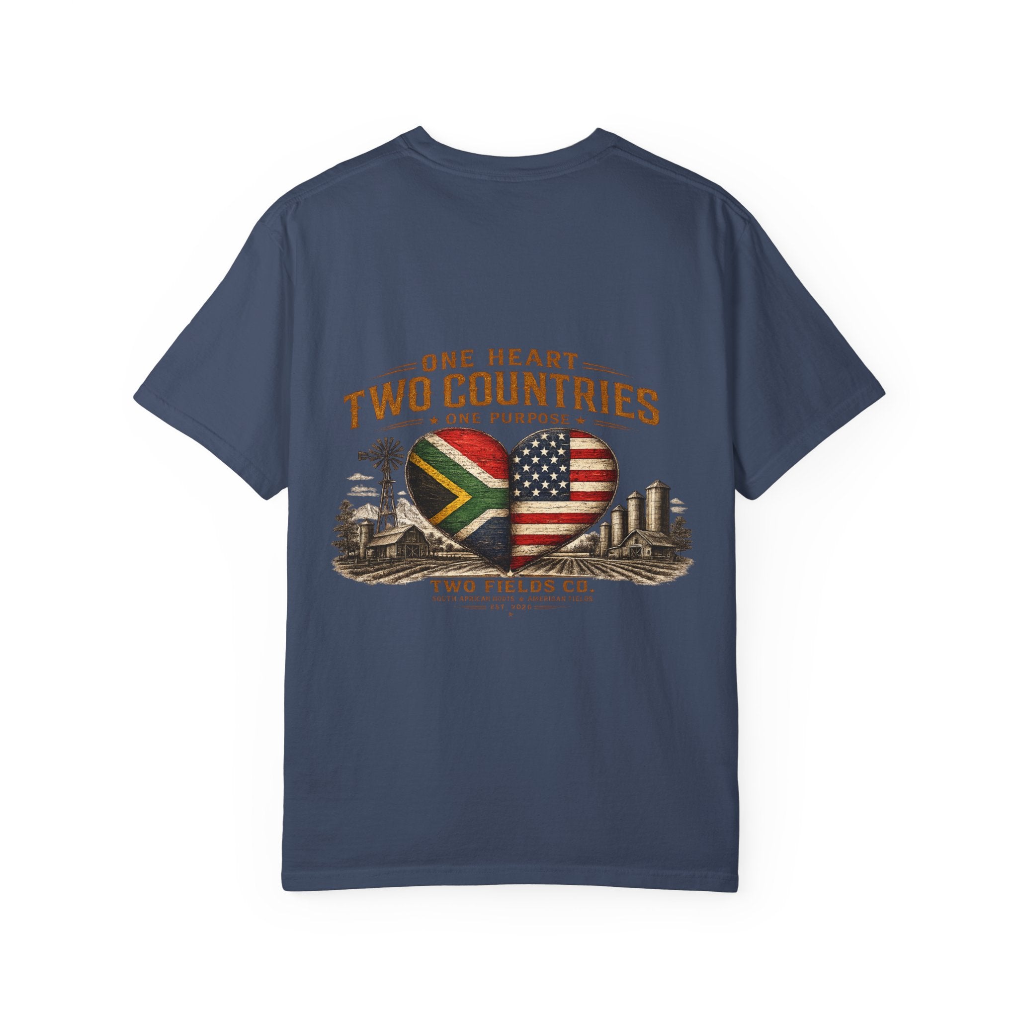 Navy T-shirt with heart flag graphic and skyline print on front