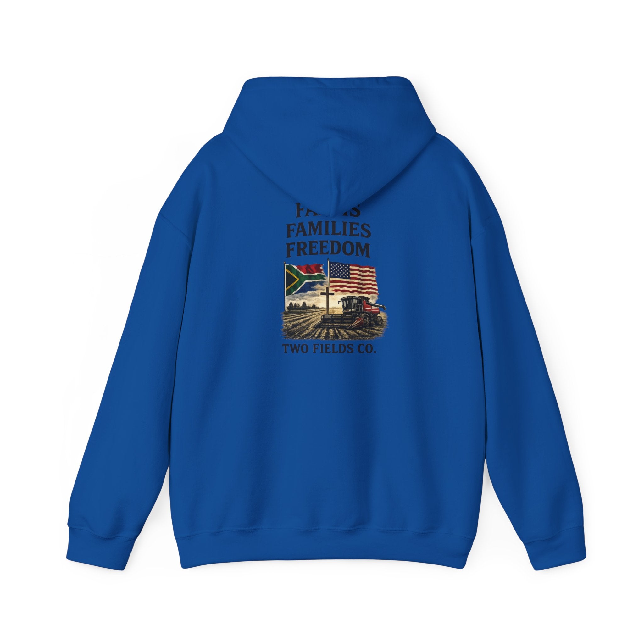 Carolina blue pullover hoodie with hood and 'Farms Families Freedom' graphic
