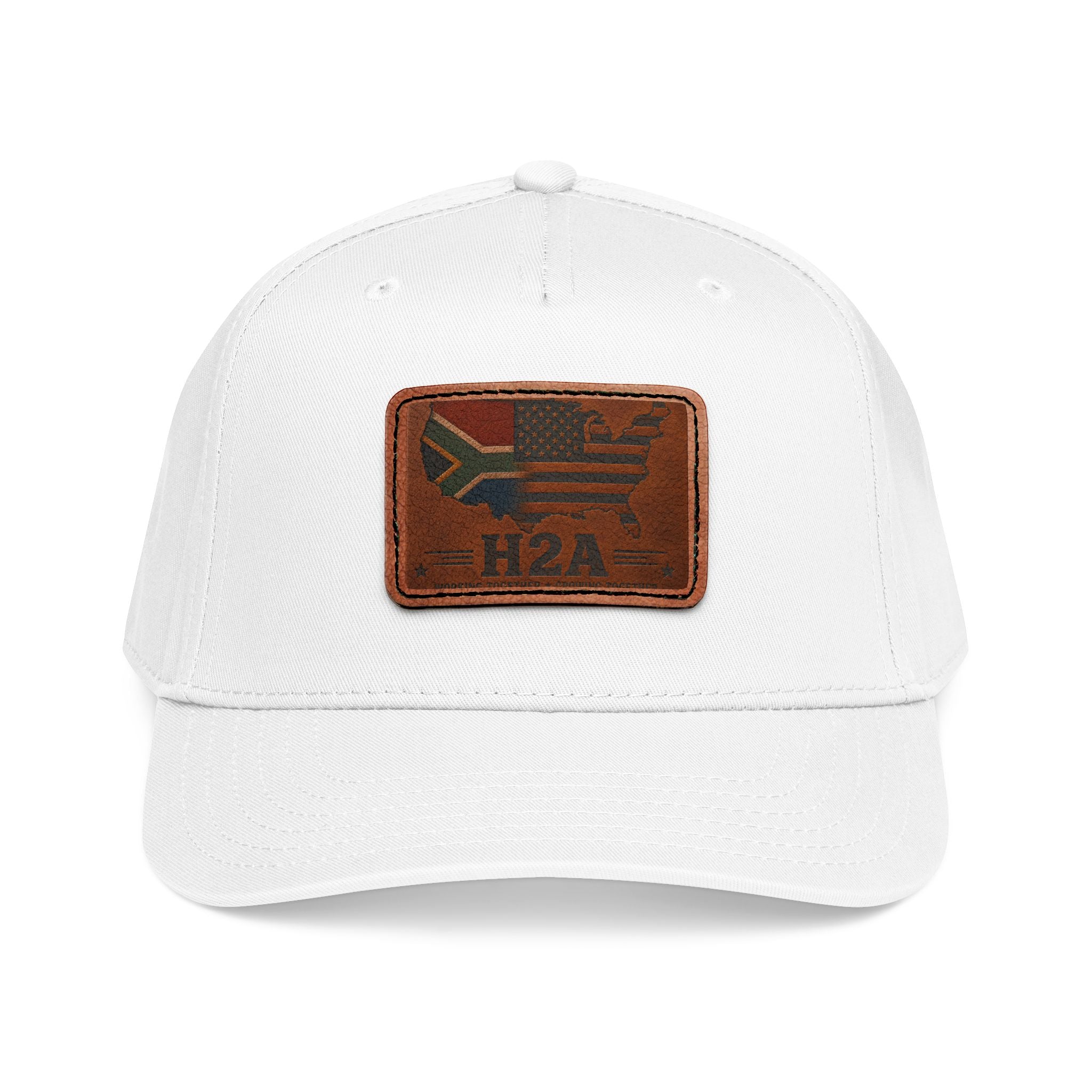 White baseball cap with rectangular H2A flag leather patch