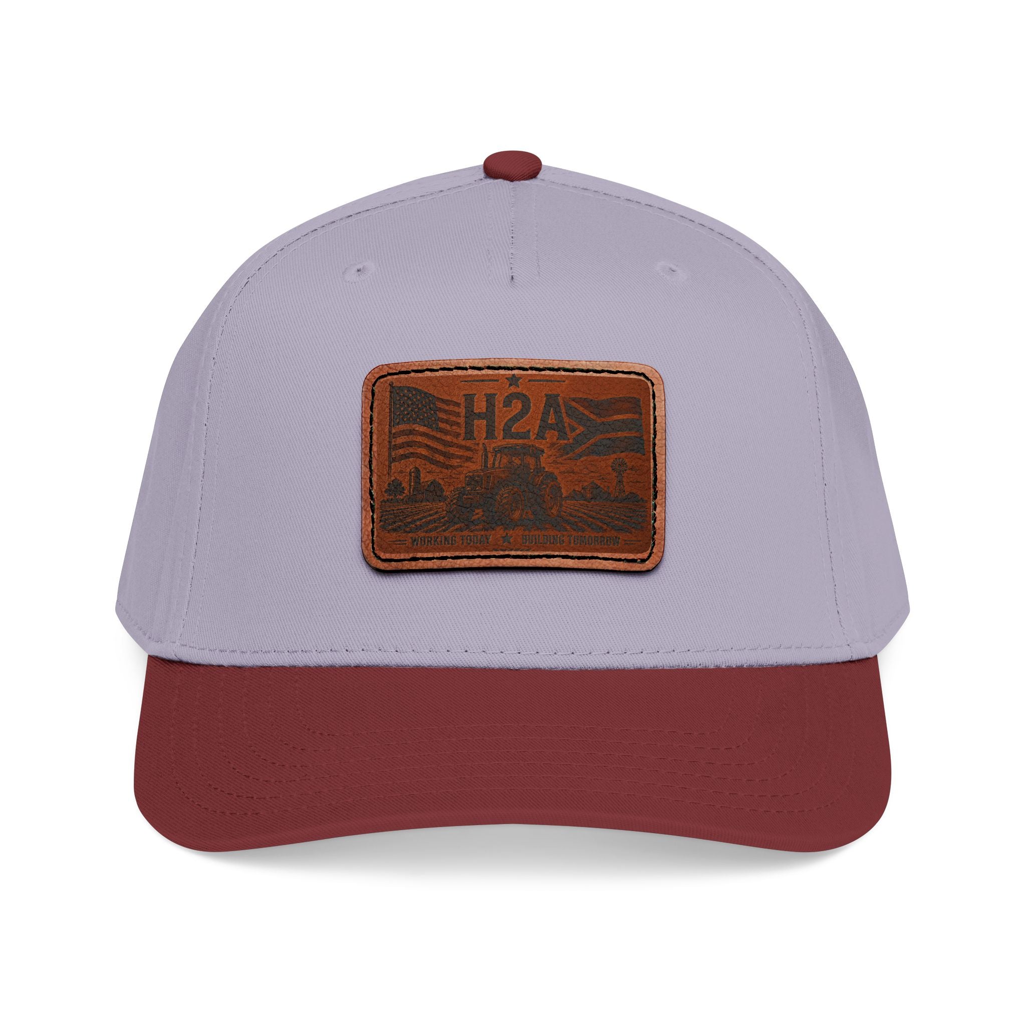 Two-tone baseball cap with rectangle H2A leather patch; light gray crown and maroon brim.