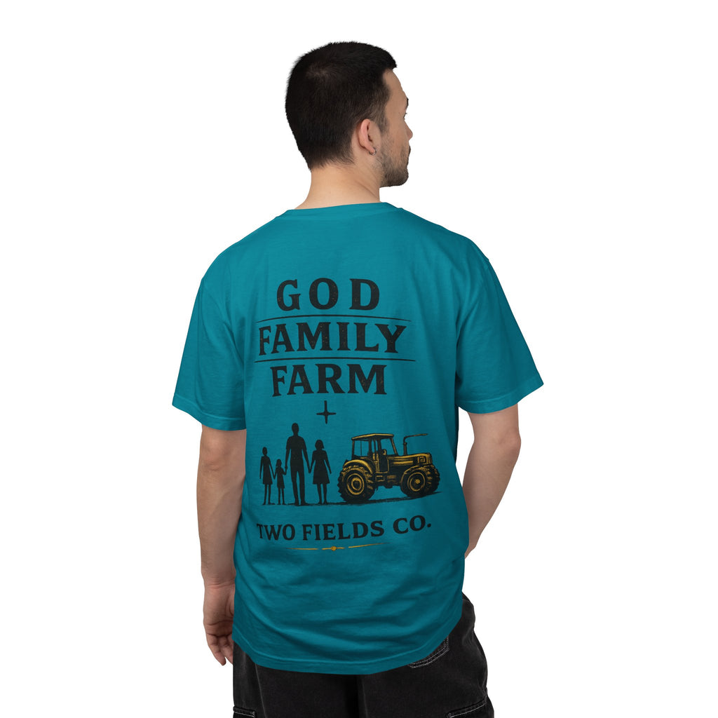 Teal blue T-shirt with back 'GOD FAMILY FARM' family figures and tractor graphic