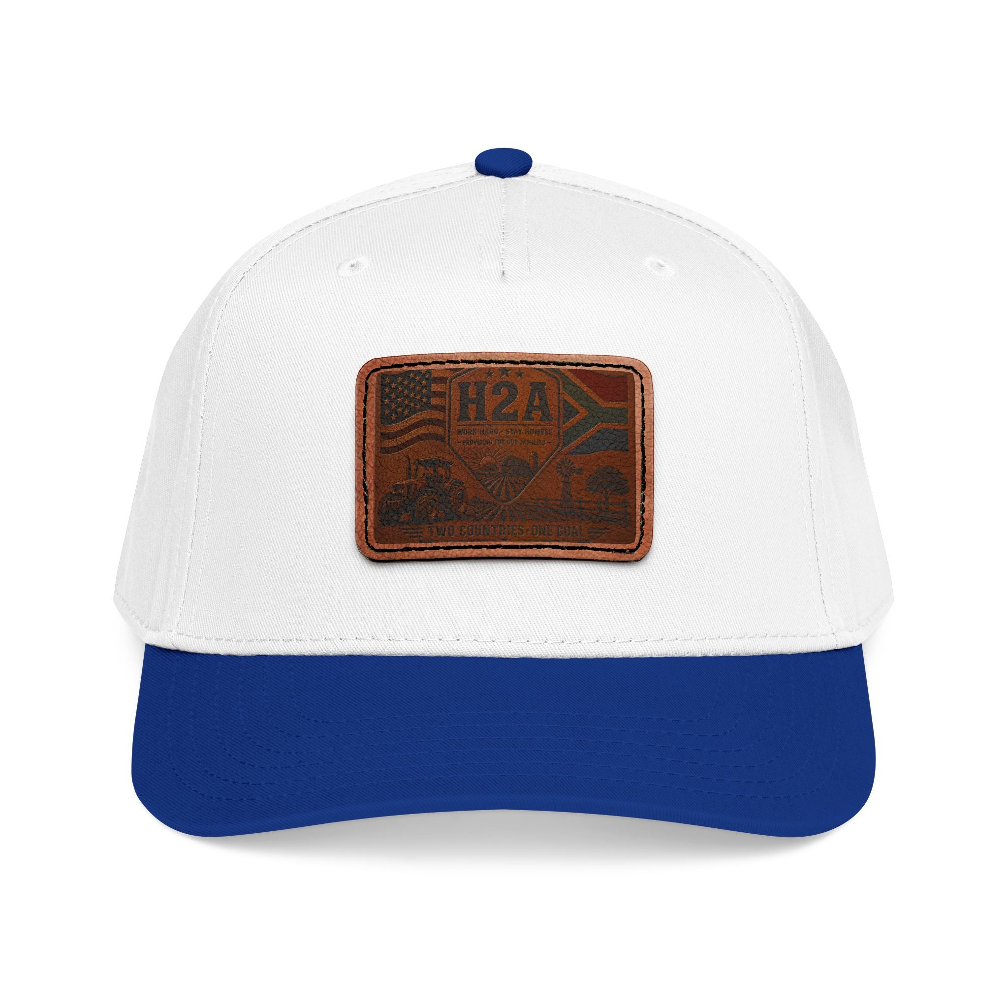 Mid-profile baseball cap in white with royal blue brim and rectangular leather H2A patch