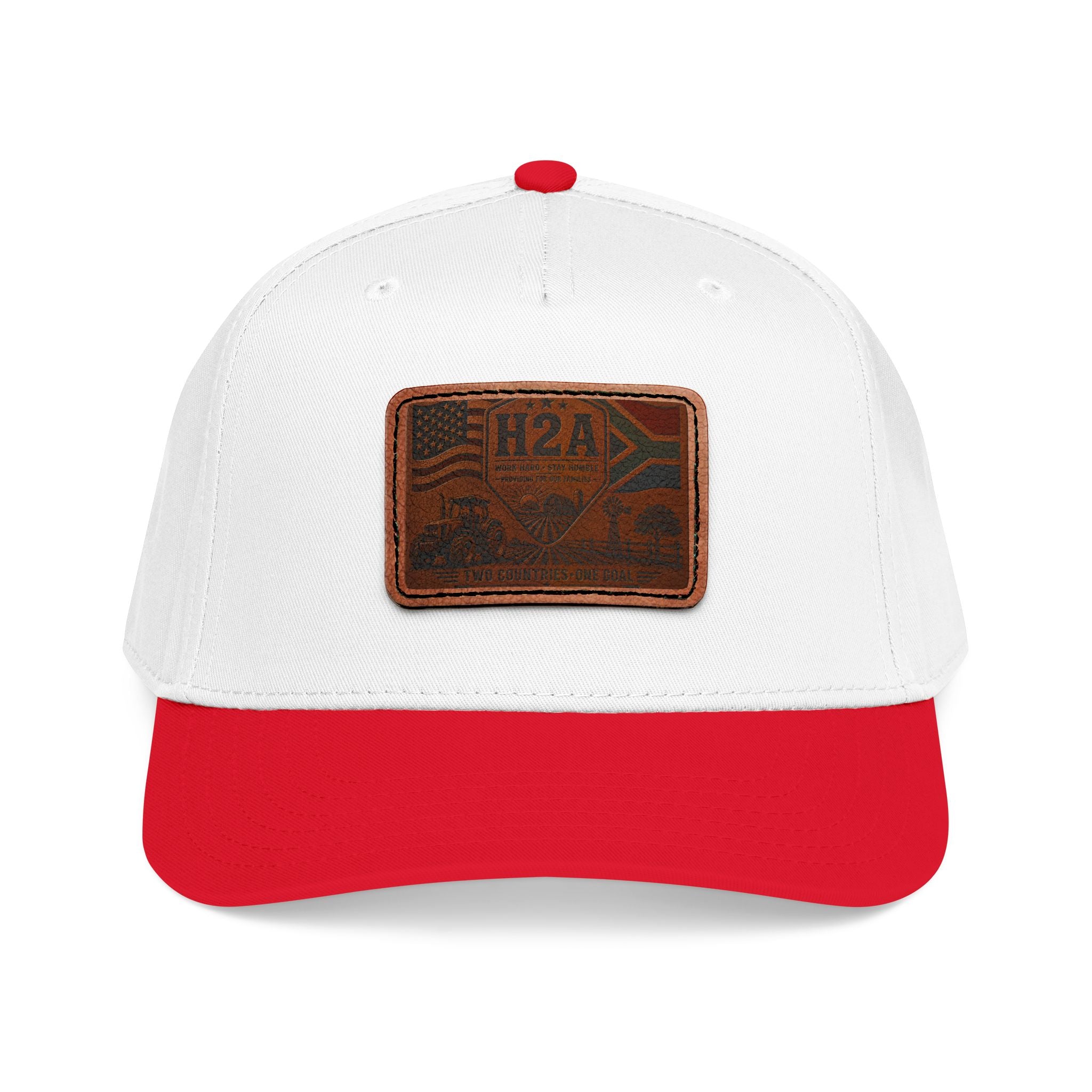 White baseball cap with red brim and rectangular brown H2A flag patch