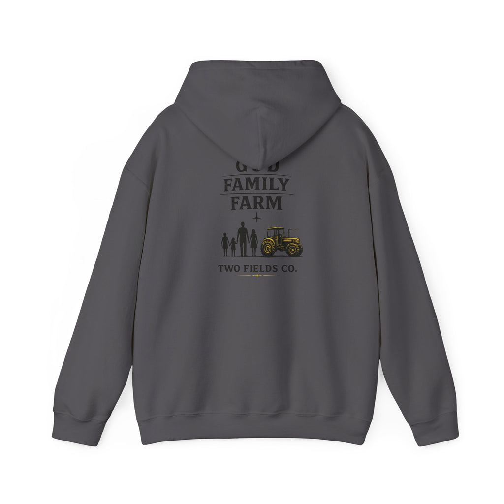 Charcoal pullover hoodie with FAMILY FARM graphic, people silhouettes and tractor on back