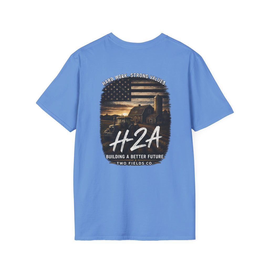Unisex softstyle T-shirt, light blue, large H2A graphic on back