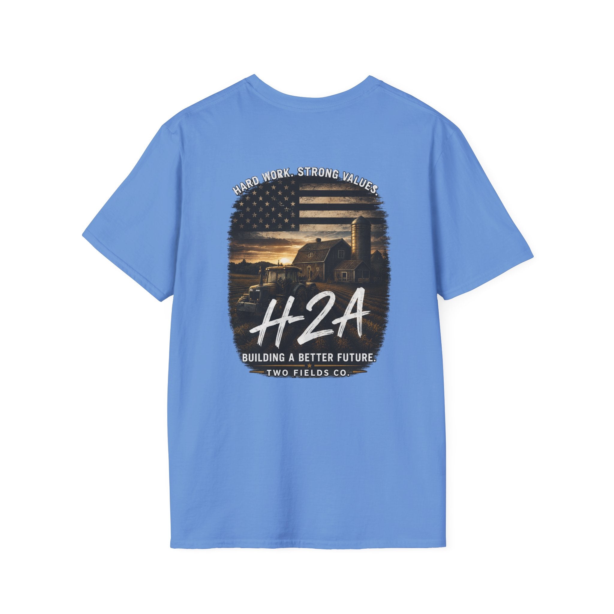 Unisex softstyle T-shirt, light blue, large H2A graphic on back
