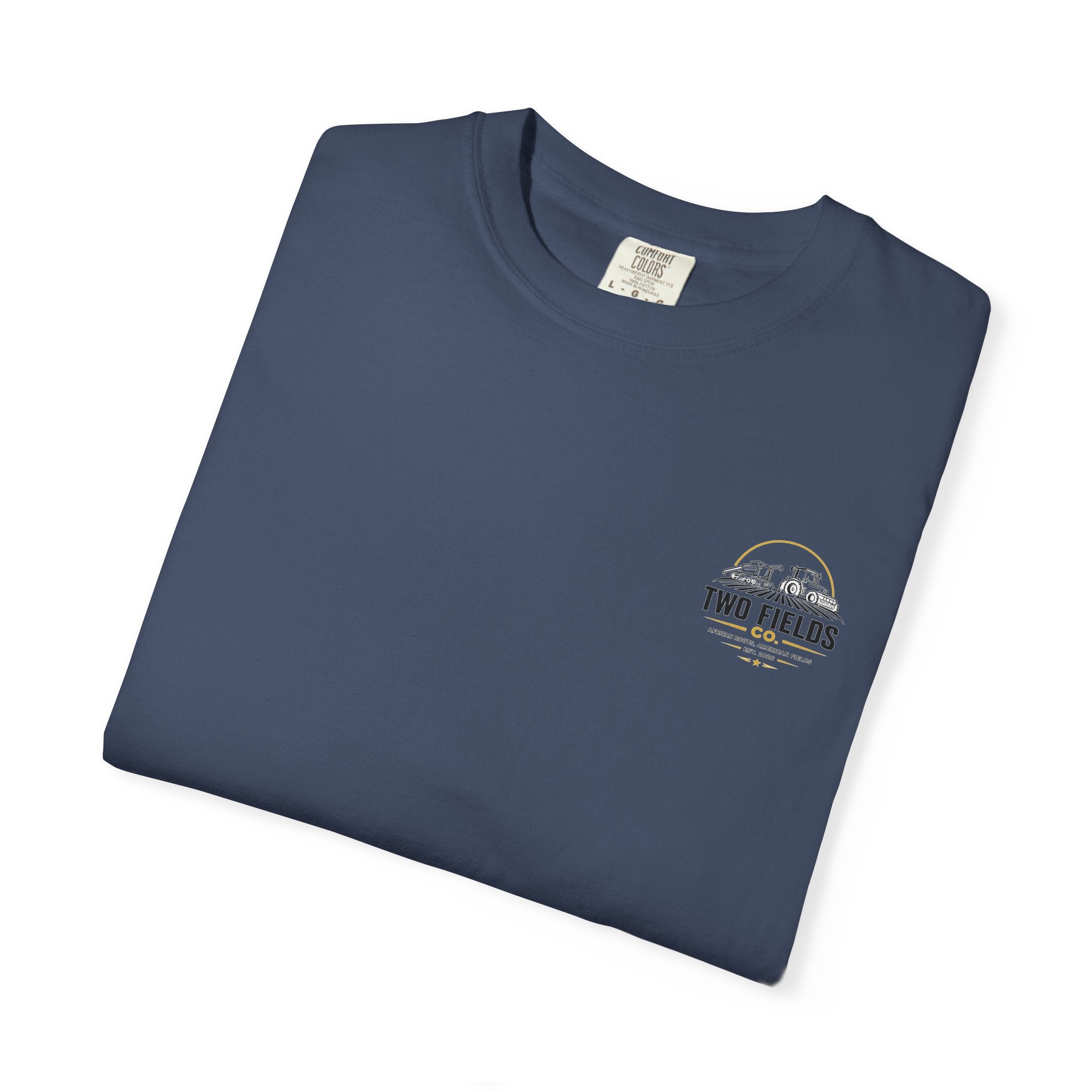 Navy crew-neck T-shirt with small Two Fields Co logo on left chest, flat lay.