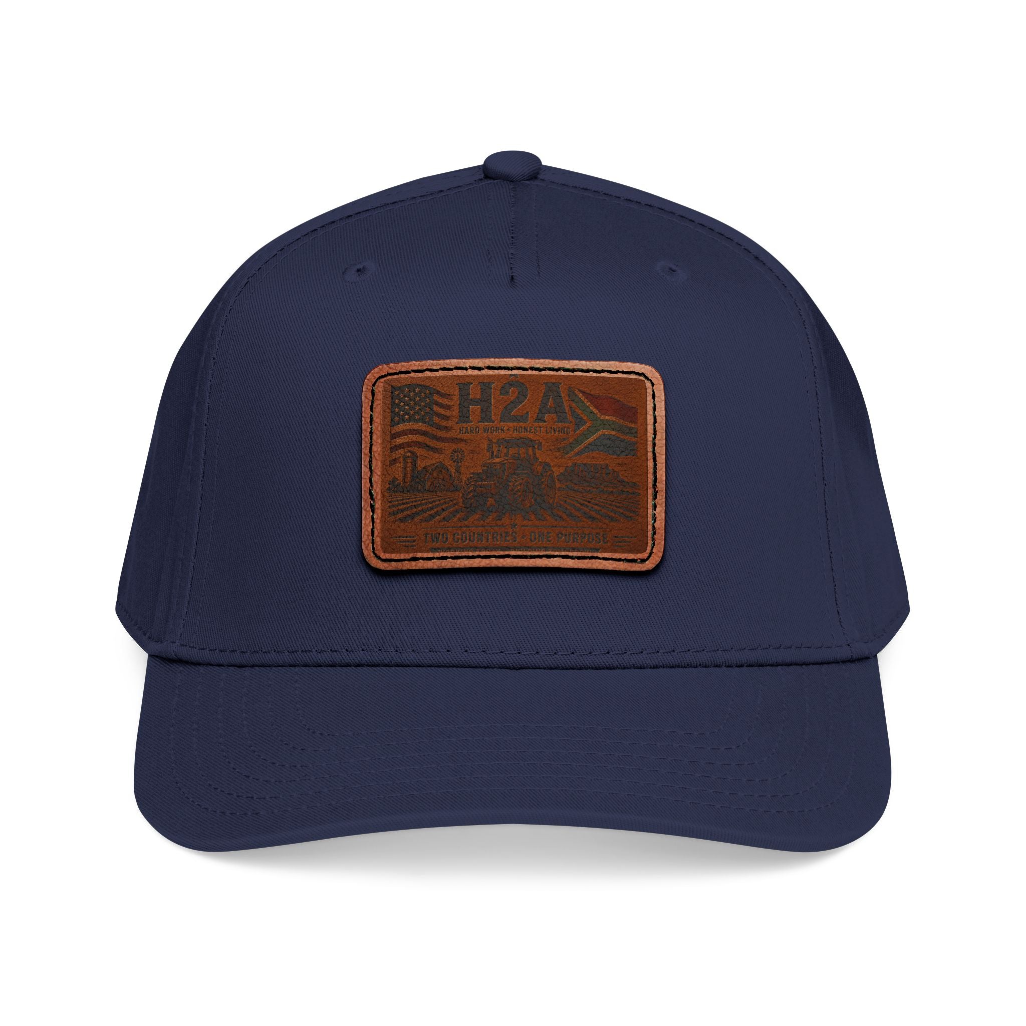 Baseball cap with rectangular H2A patch, solid navy design and dark navy brim.
