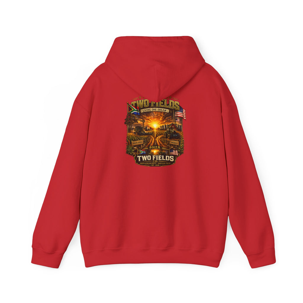 Red Two Fields hoodie with center back scenic graphic print