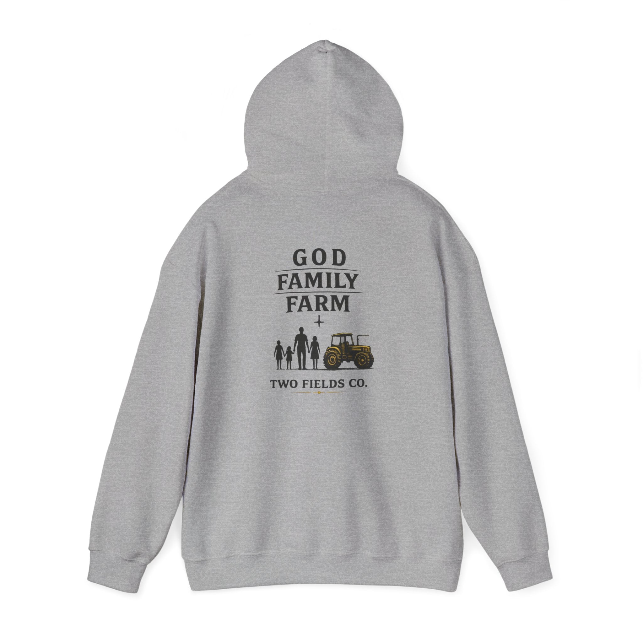 Gray hoodie with back graphic "GOD FAMILY FARM" and tractor scene