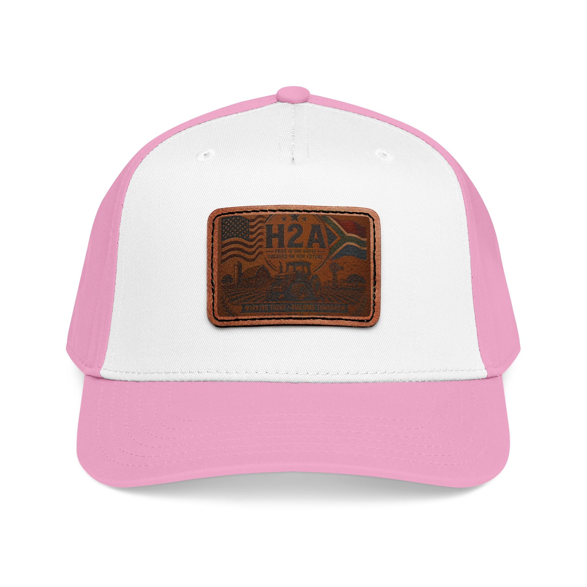 Pink leather patch baseball cap with H2A rectangular patch, matching pink brim