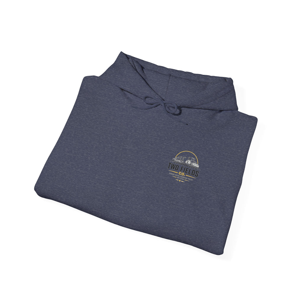 Dark heather hoodie pullover, folded front with small chest logo and hood drawstrings