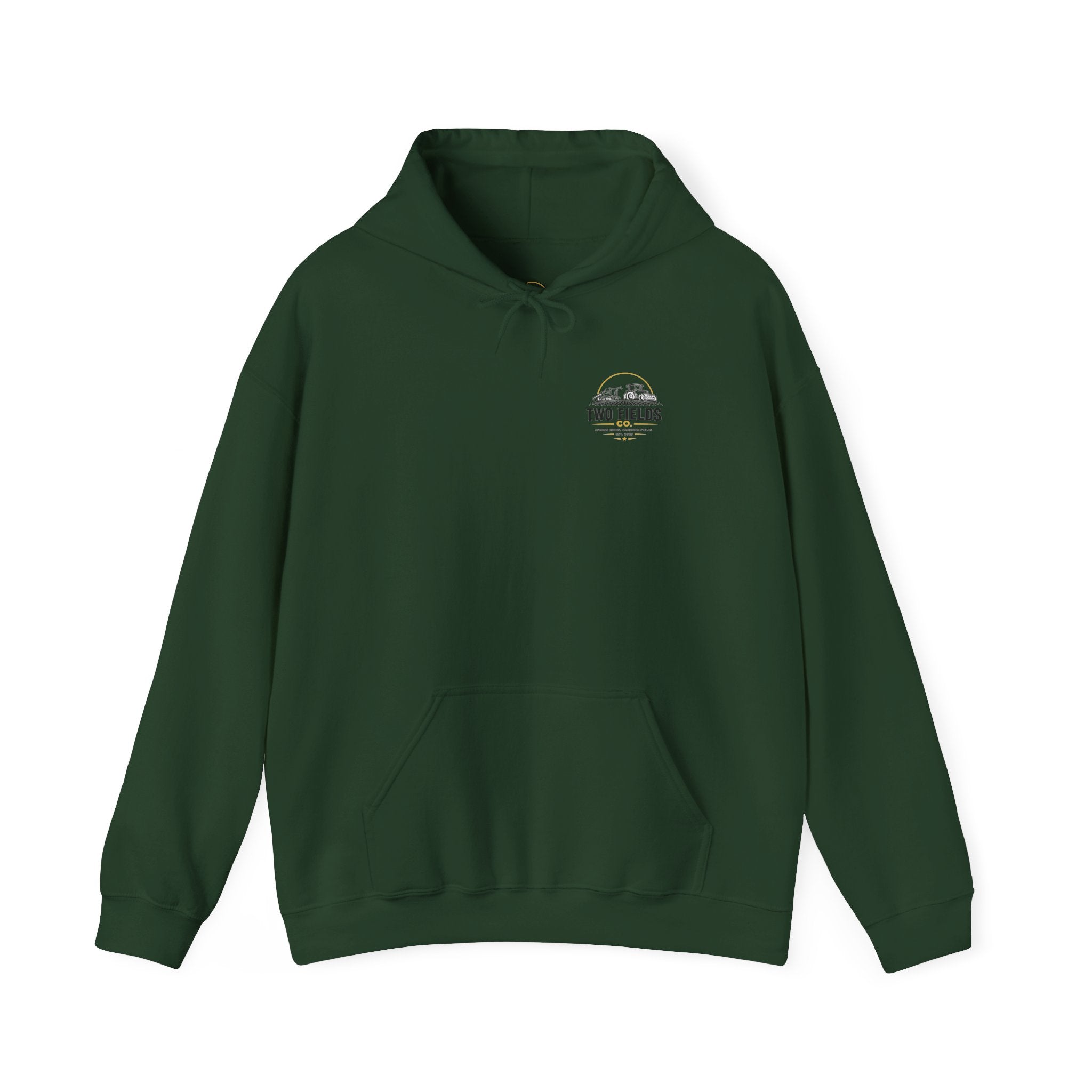 Dark green pullover hoodie with drawstring hood, kangaroo pocket, and small chest logo