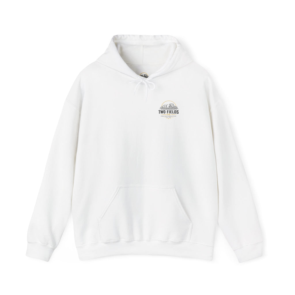 White pullover hoodie with hood, drawstring, front pocket, small Two Fields Co. logo.