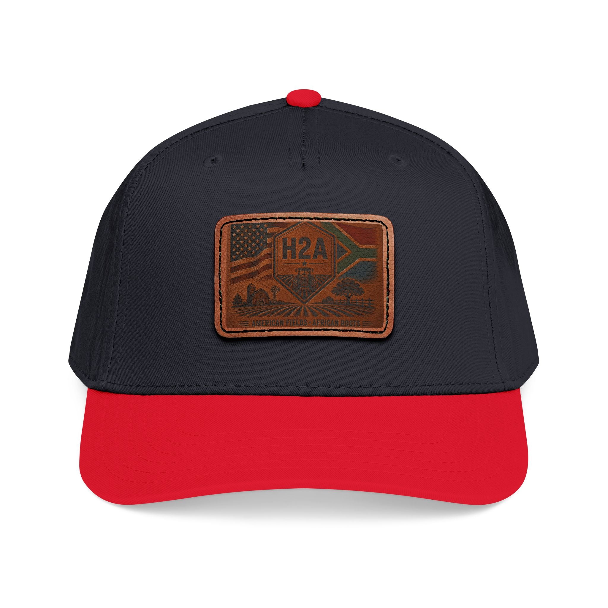 Navy and red baseball cap with rectangle leather patch featuring H2A flag design