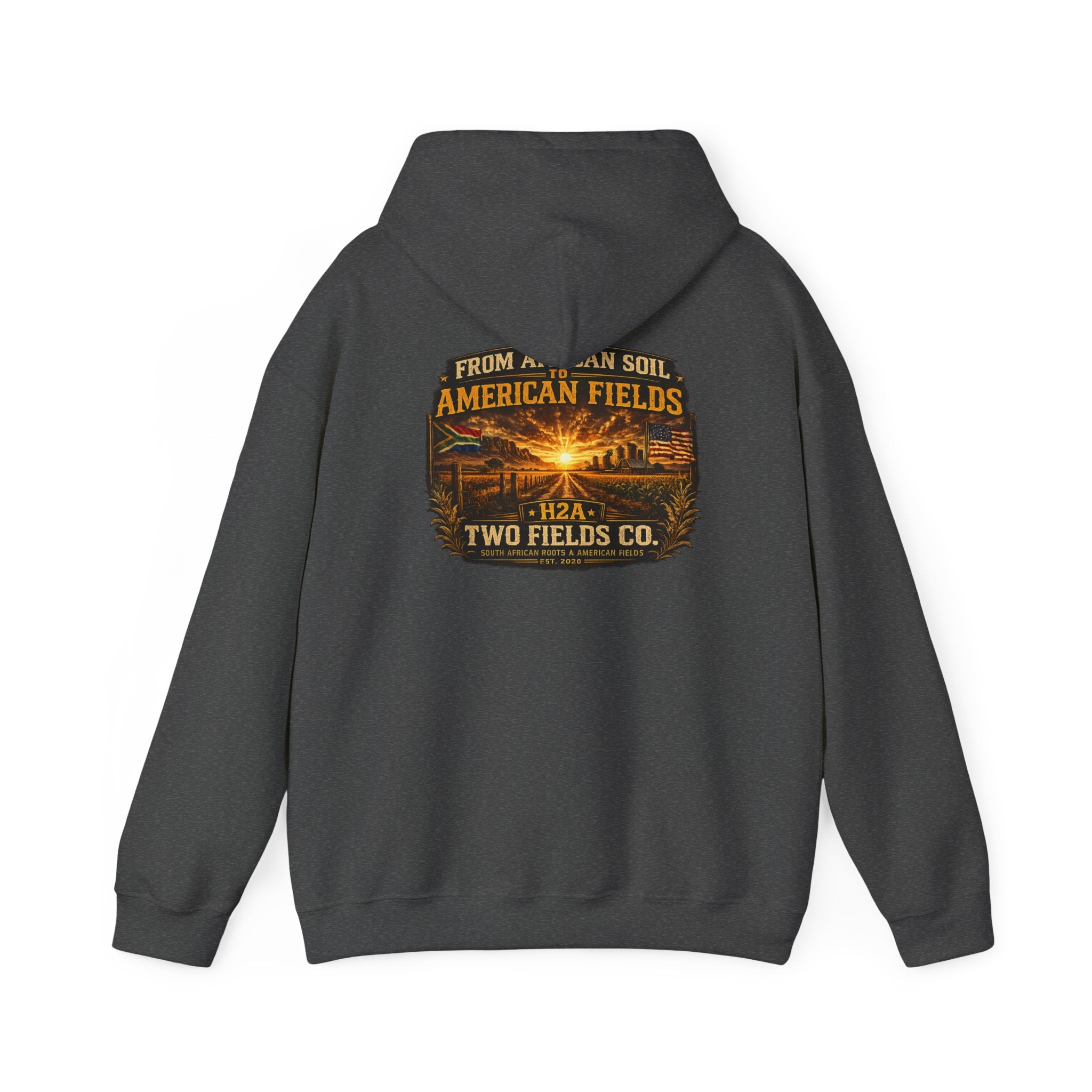 Charcoal gray pullover hoodie with large rear graphic logo print and hood