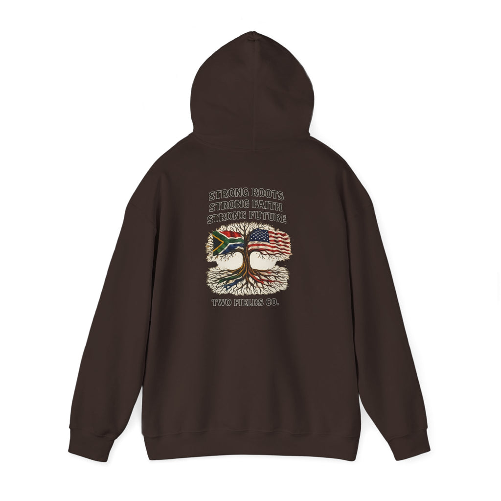 Dark brown pullover hoodie with hood and back tree and slogan graphic, long sleeves.
