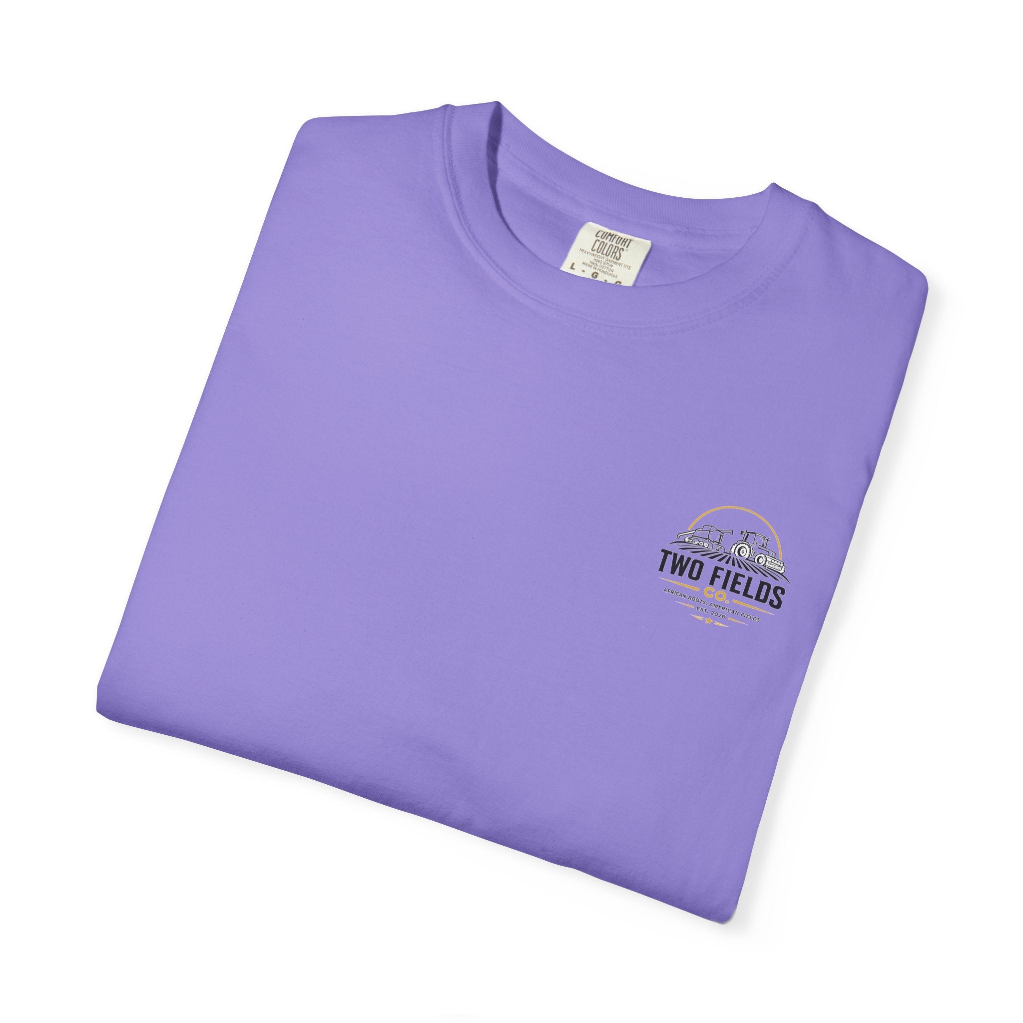 Men's purple crew-neck T-shirt with small right-chest 'Two Fields Co.' tractor mark