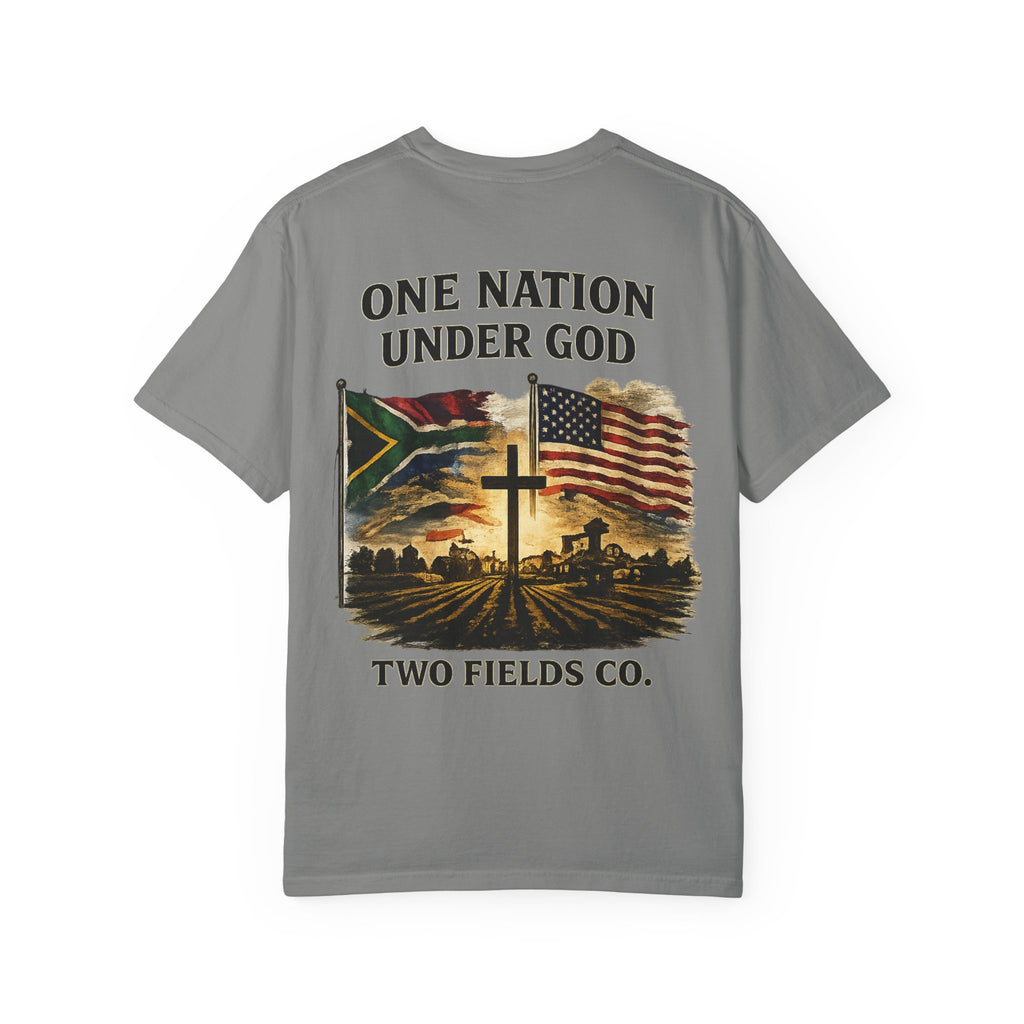 Gray crewneck graphic T-shirt with cross and American flag scene, plus slogan text