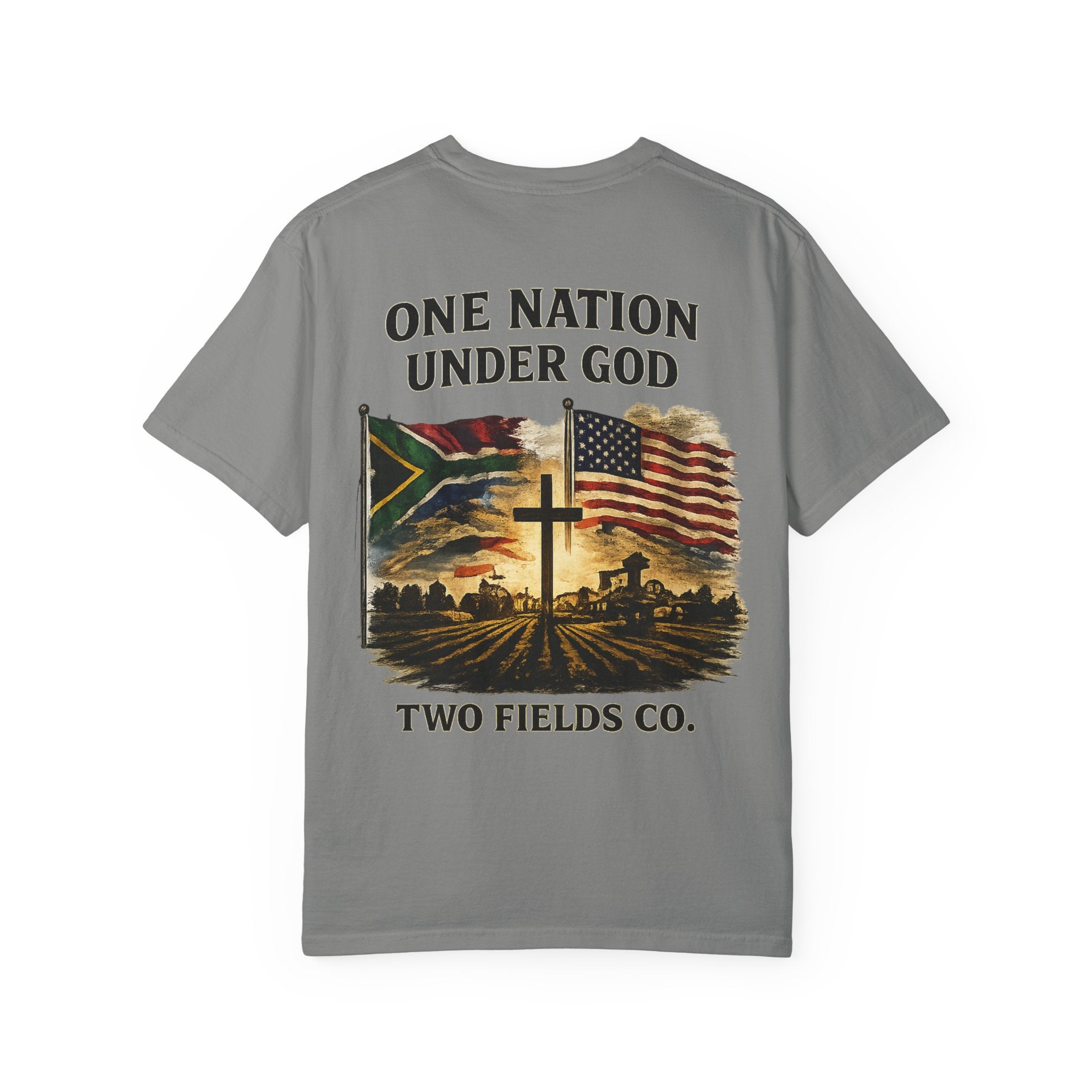 Gray crewneck graphic T-shirt with cross and American flag scene, plus slogan text