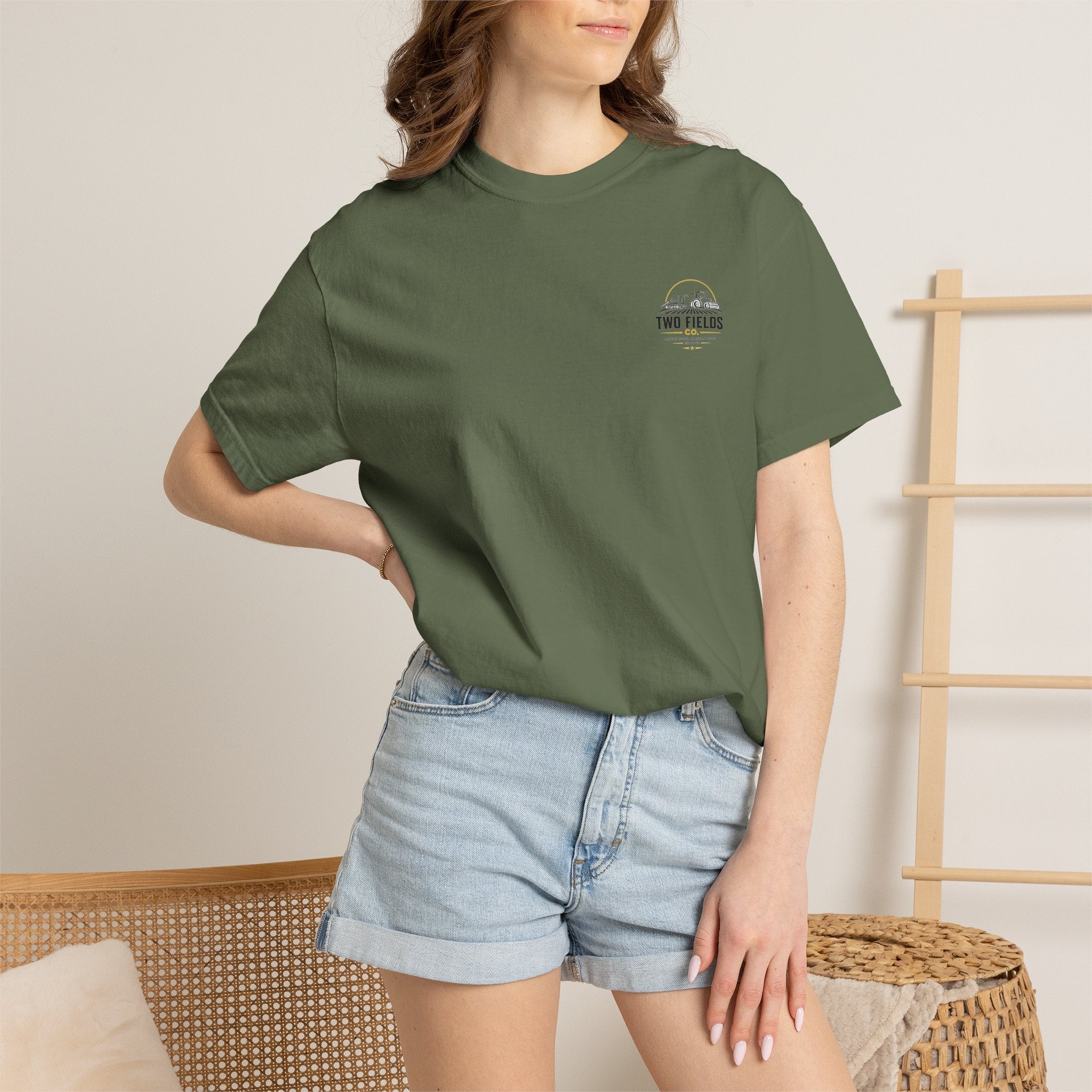 Olive short-sleeve T-shirt with small Two Fields Co. logo on chest
