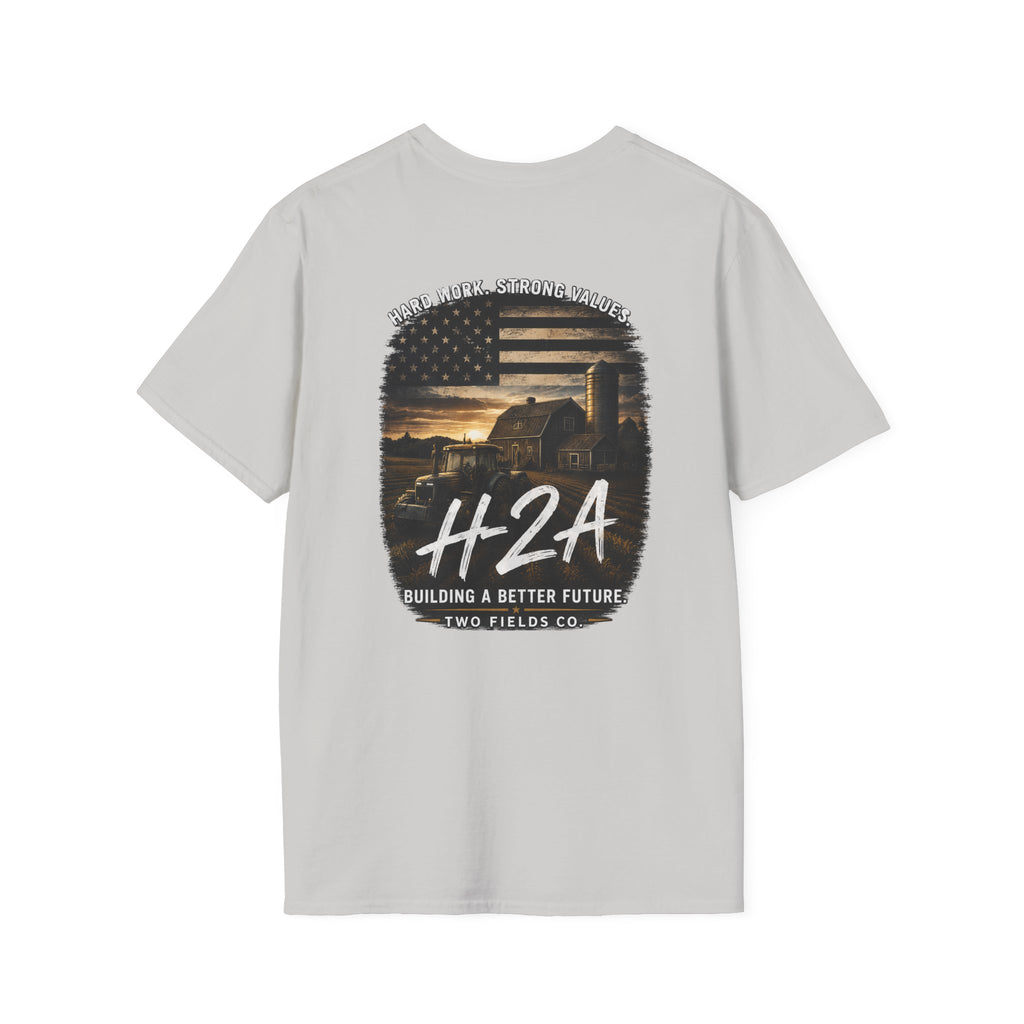 Softstyle T-shirt in white, back H2A graphic with landscape print