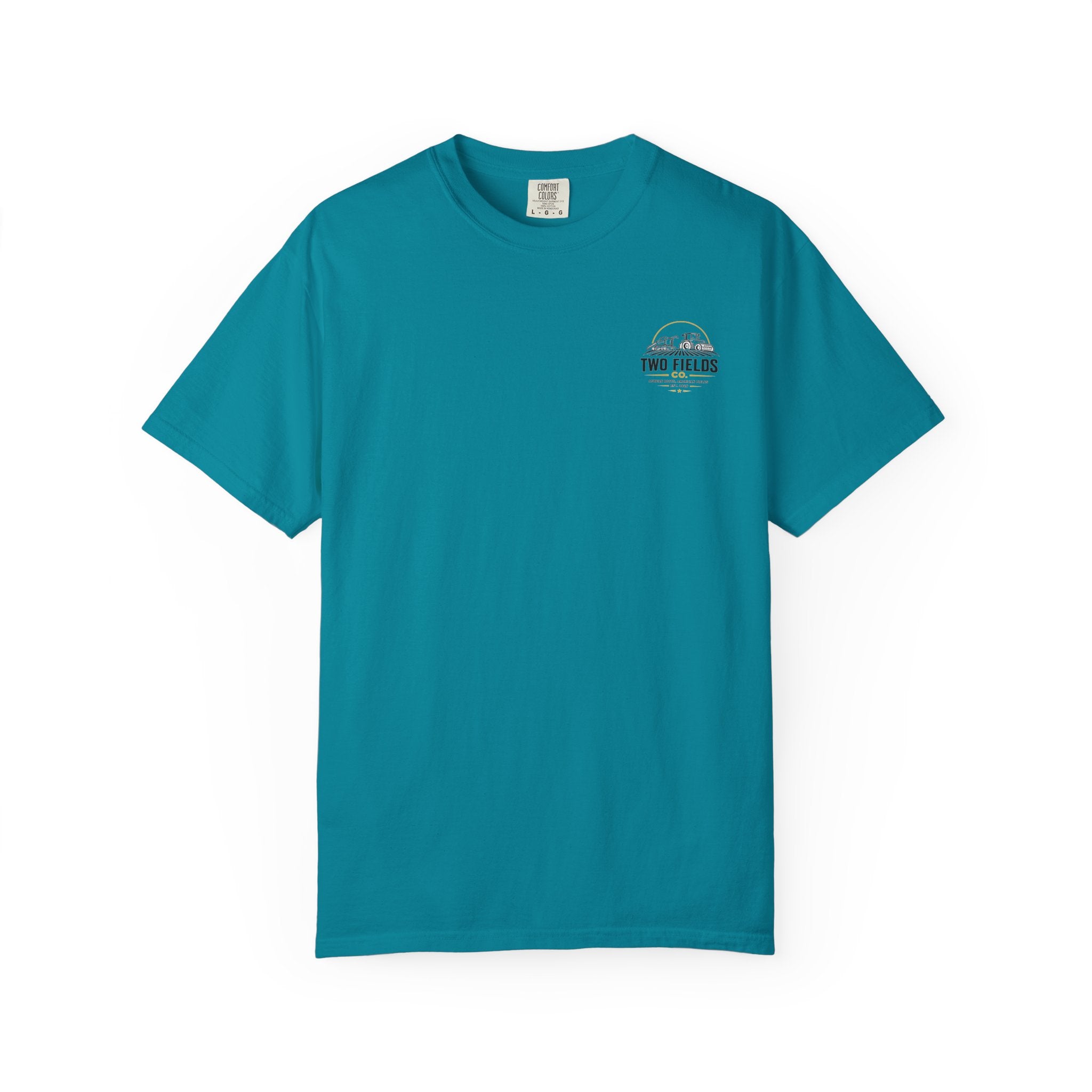 Teal graphic T-shirt with small chest Two Fields Co. logo print