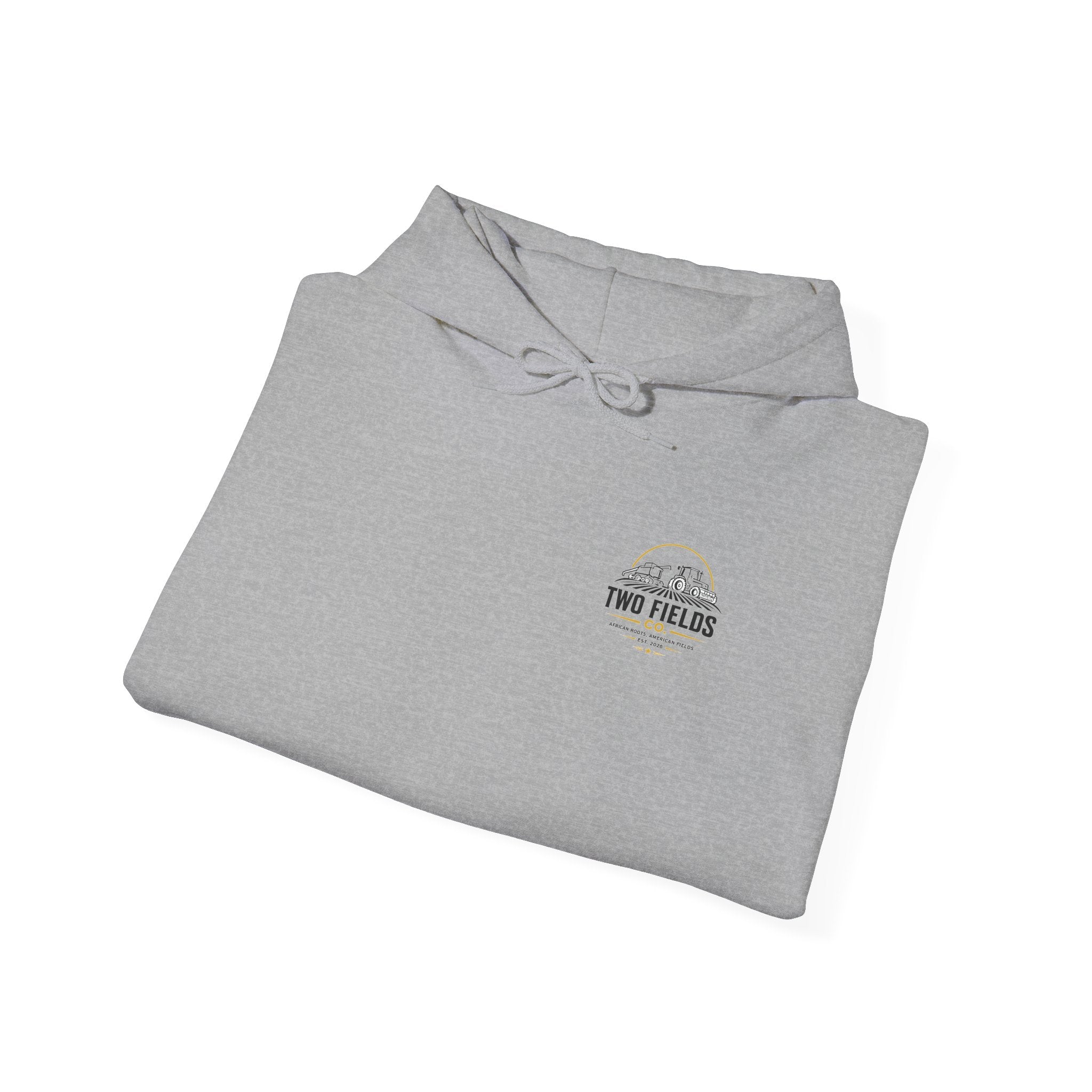 Heather grey hoodie folded flat, hood drawstring and small chest emblem detail