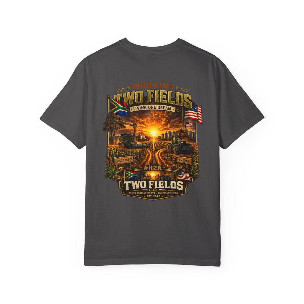 Dark grey crew-neck T-shirt with large Two Fields farm sunset graphic on the front.