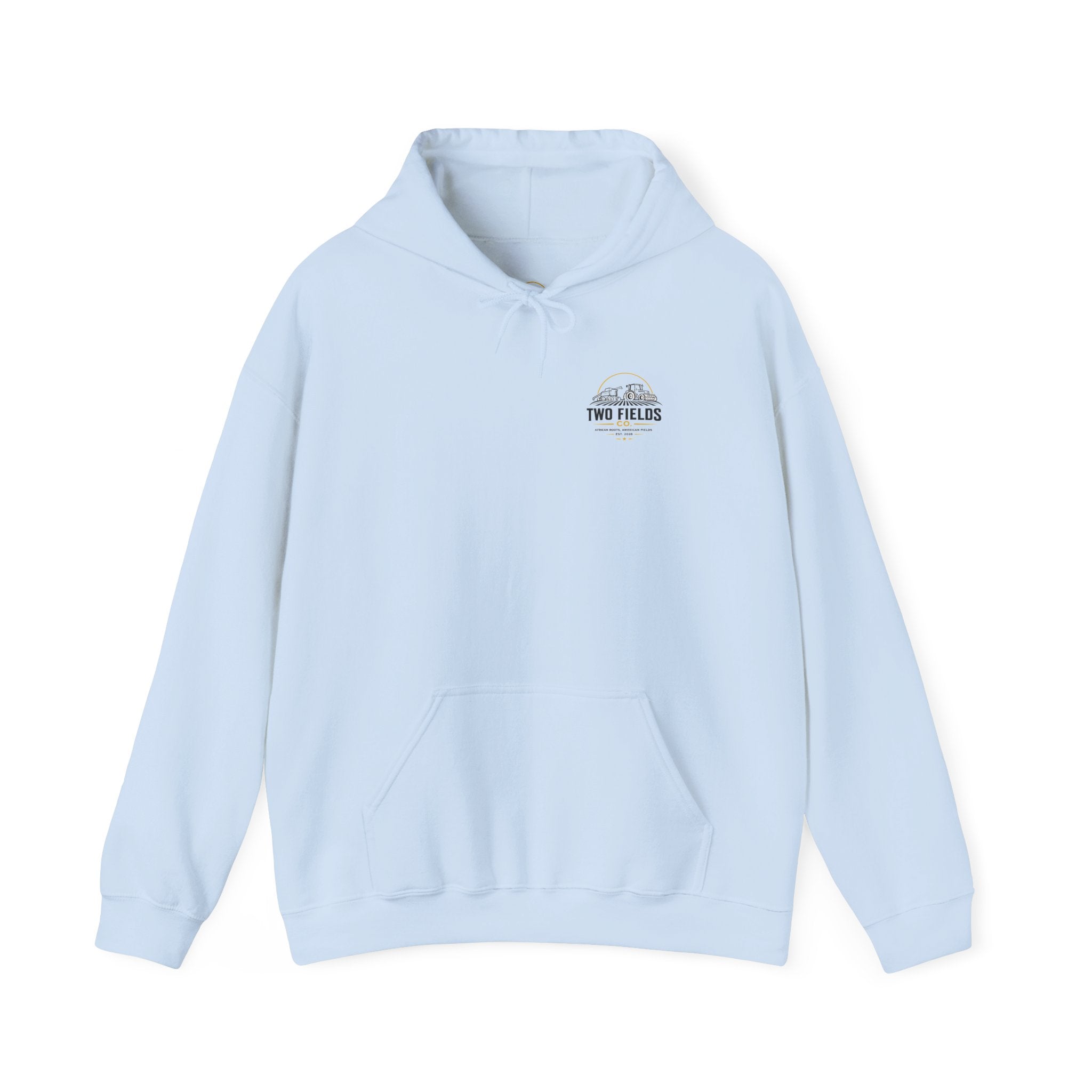 Light blue pullover hoodie with front kangaroo pocket and small chest logo patch