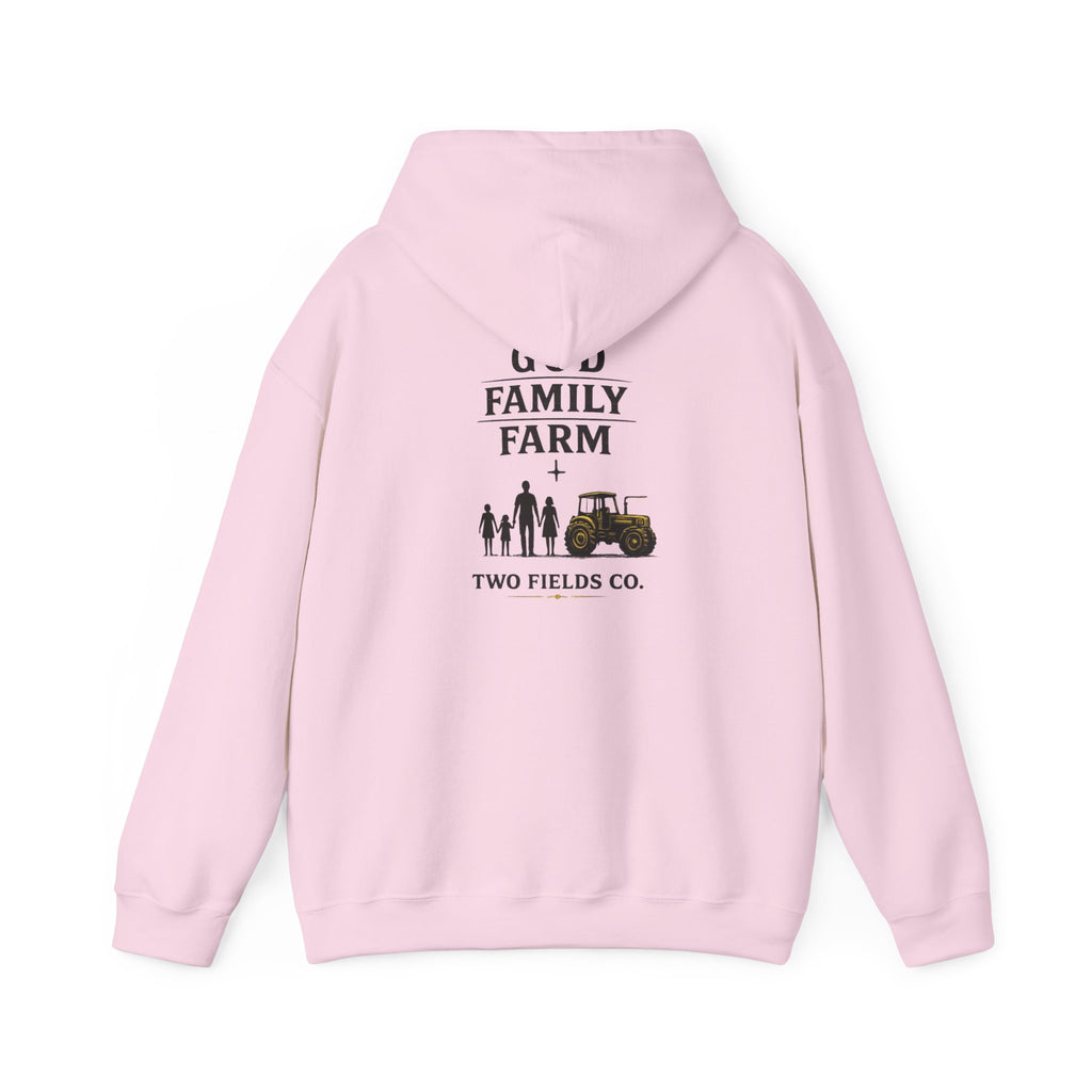 Light pink pullover hoodie with FAMILY FARM graphic and tractor on back