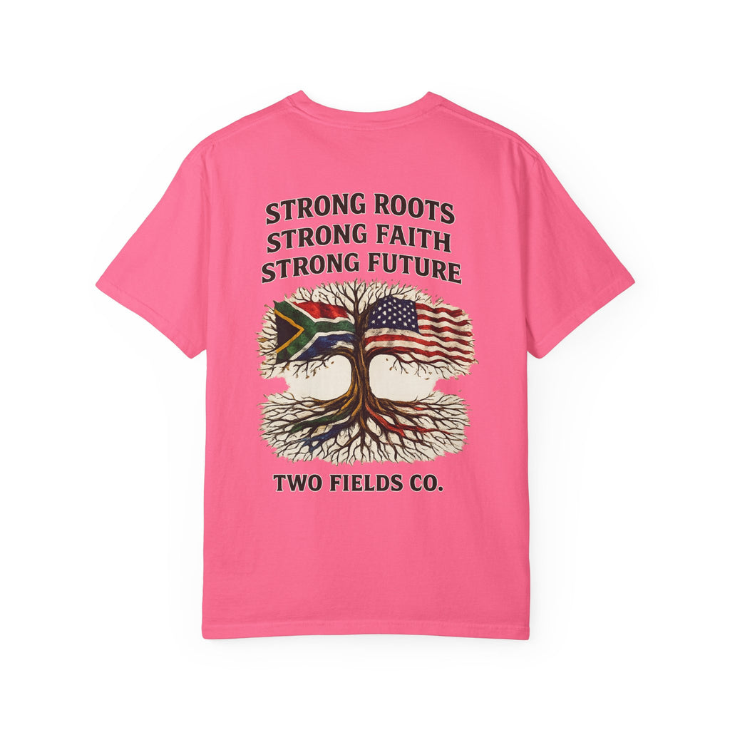 Bright pink crew-neck T-shirt with Strong Roots faith future tree graphic and two flags