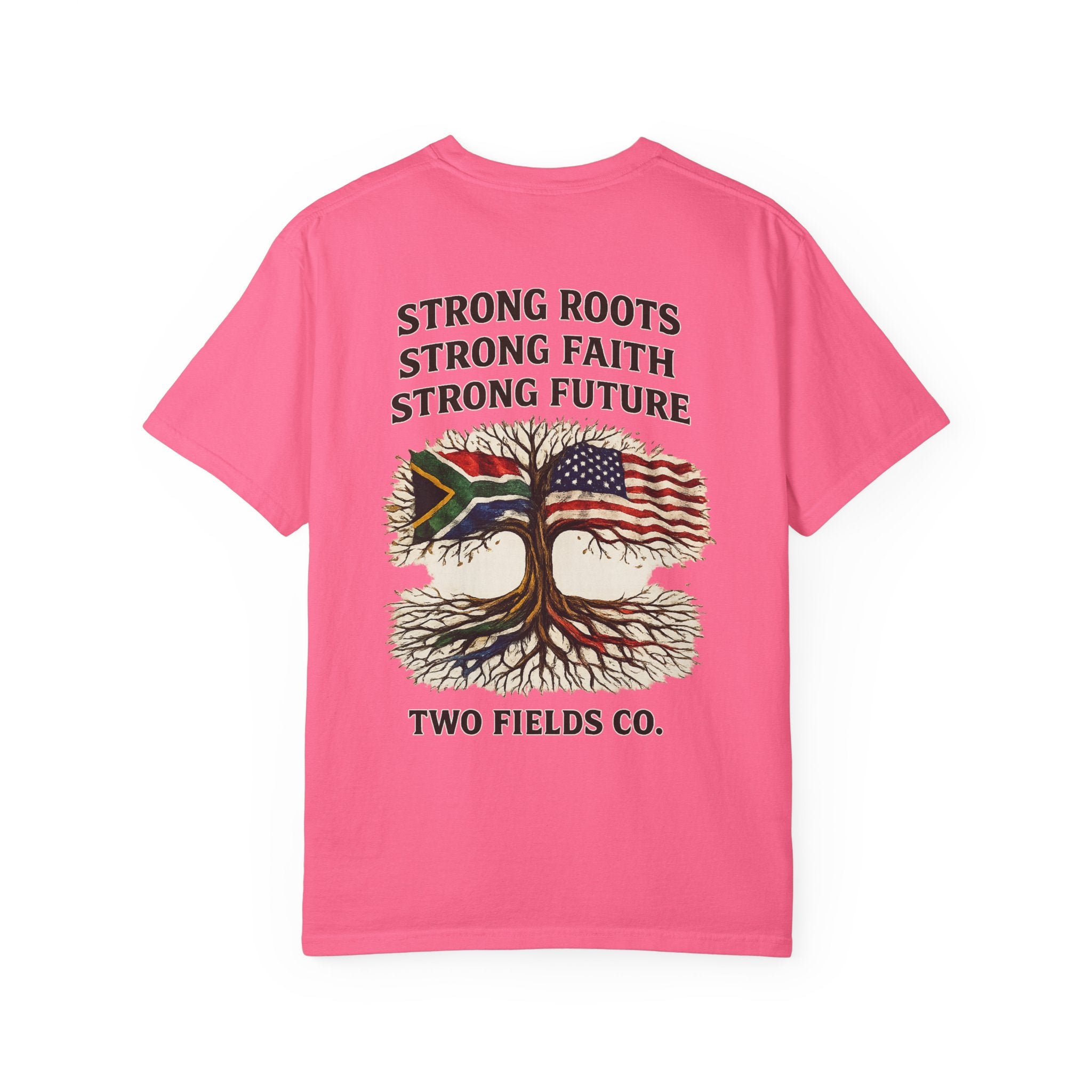 Bright pink crew-neck T-shirt with Strong Roots faith future tree graphic and two flags