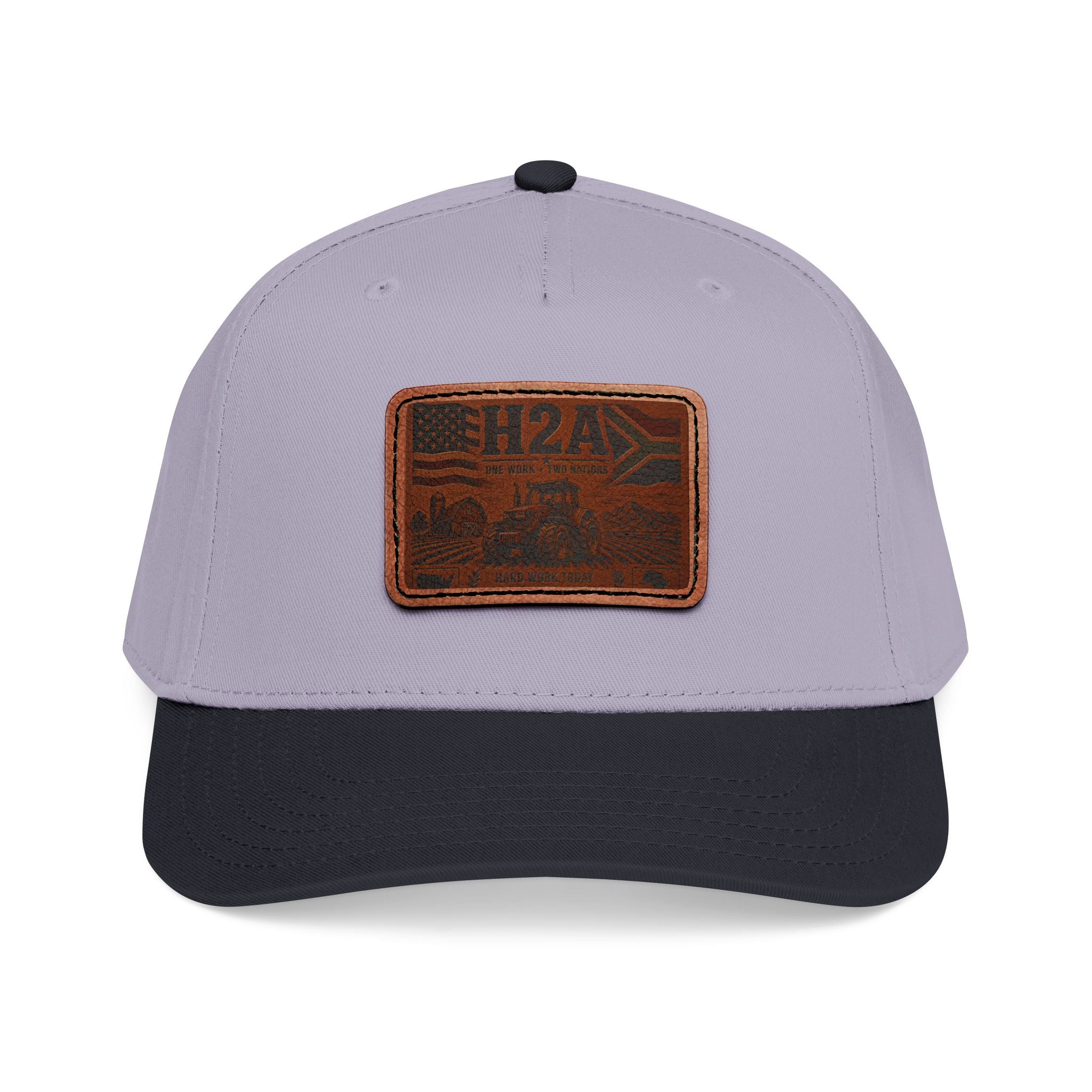 Two-tone baseball cap with rectangular H2A leather truck patch; light gray crown, black brim.
