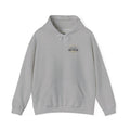 Gray hoodie with small Two Fields logo on chest, hood, drawstring, and front pocket.