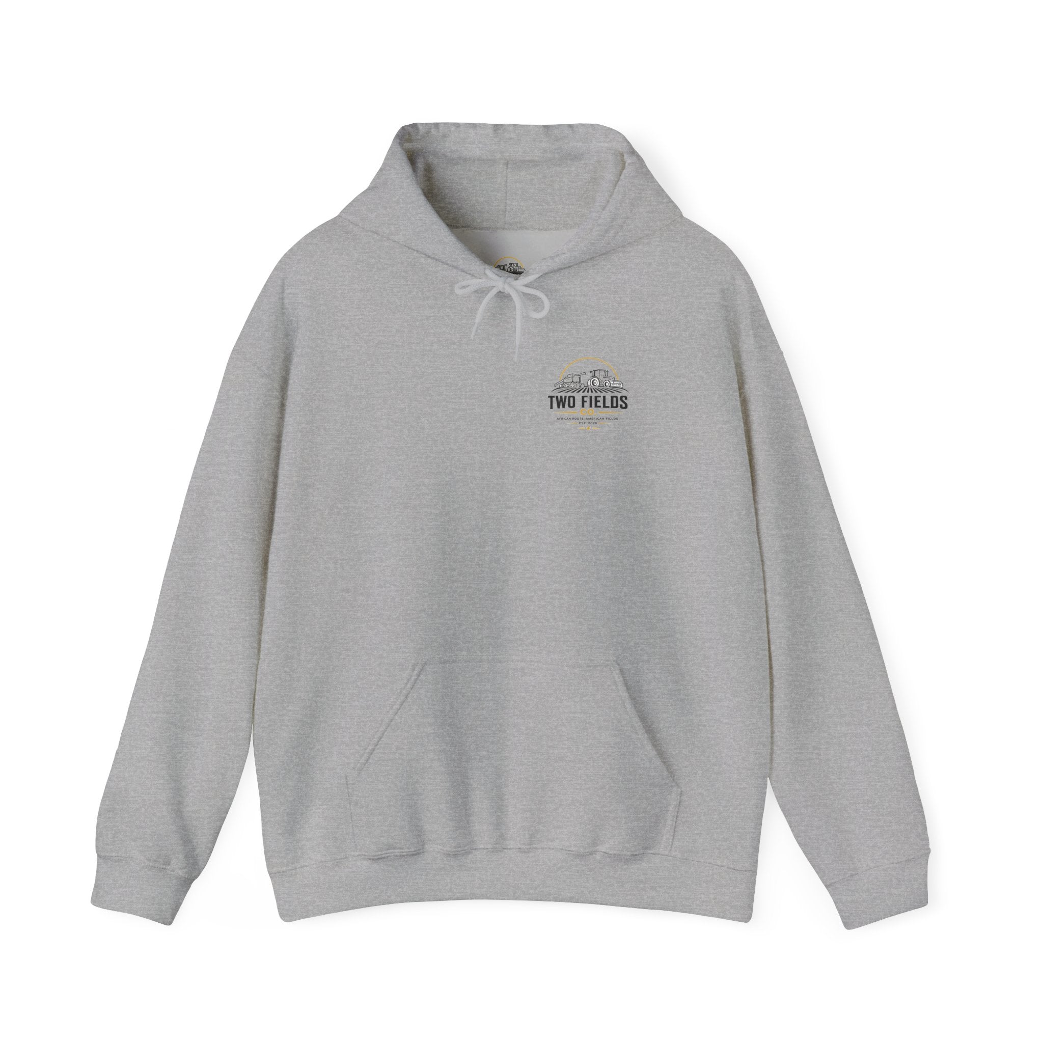 Gray hoodie with small Two Fields logo on chest, hood, drawstring, and front pocket.