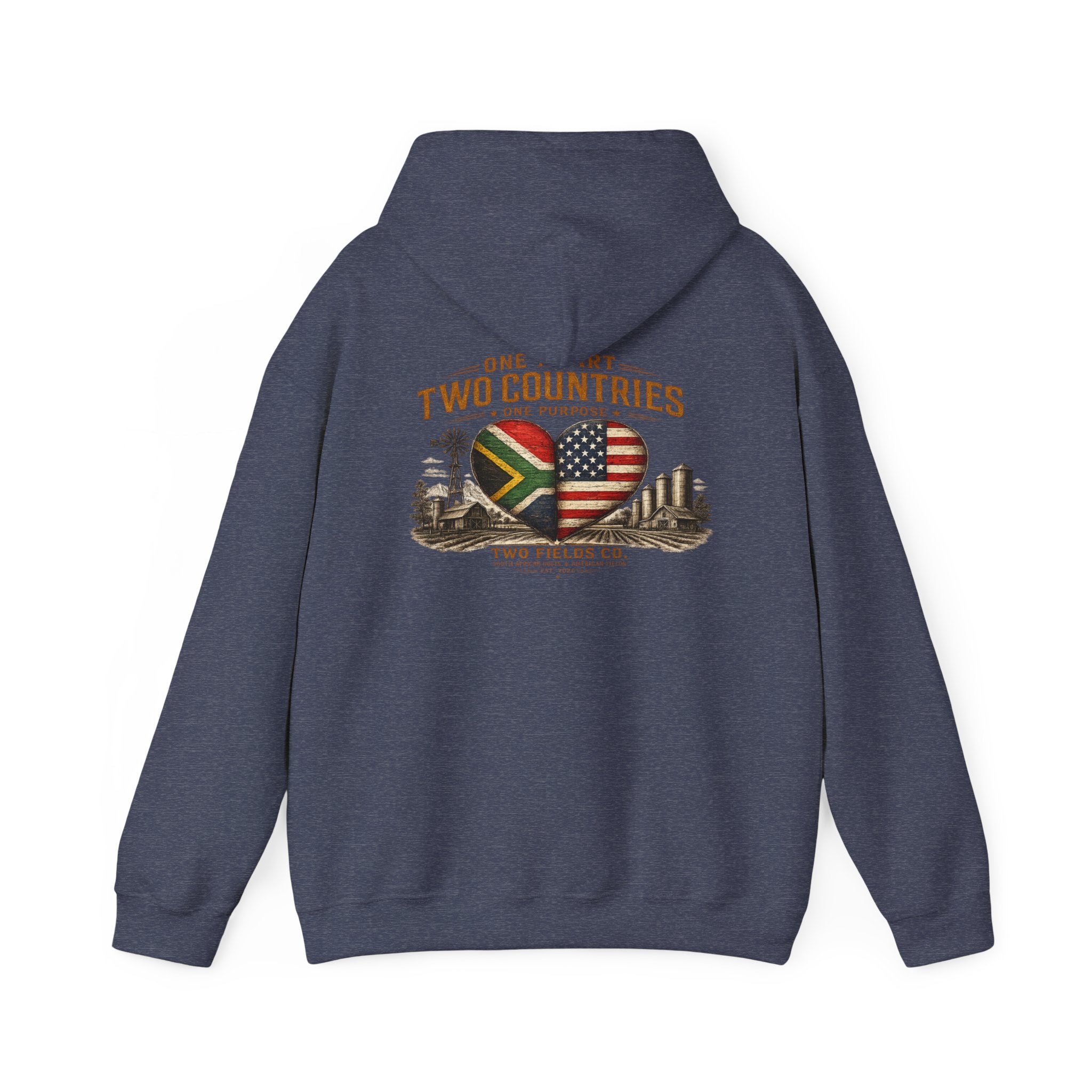 Dark navy pullover hoodie with back hood and heart flag “One Heart, Two Countries” print