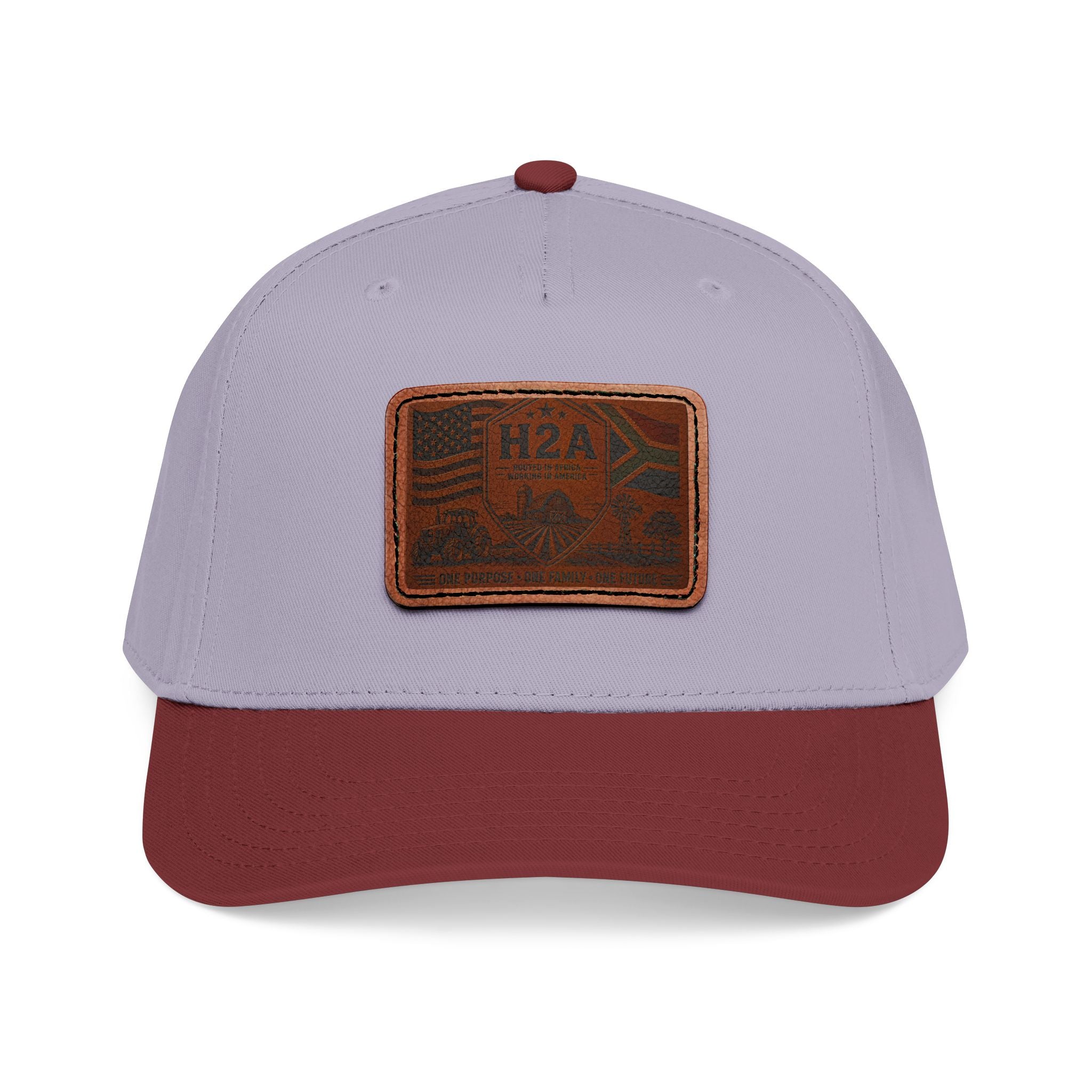 Light gray and maroon baseball cap with rectangular H2A flag leather patch