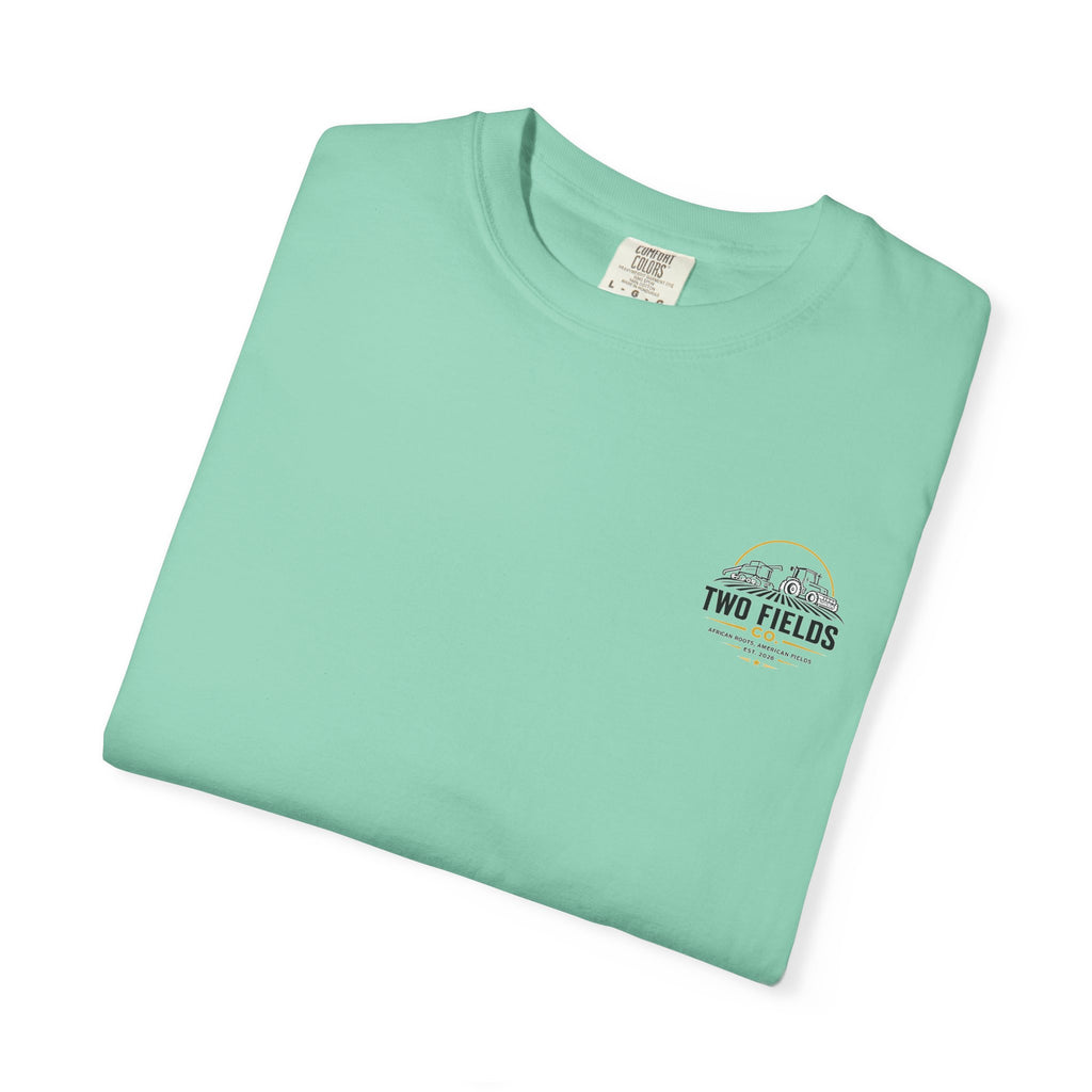 Mint green crew-neck T-shirt, chest logo detail with Two Fields Co. emblem