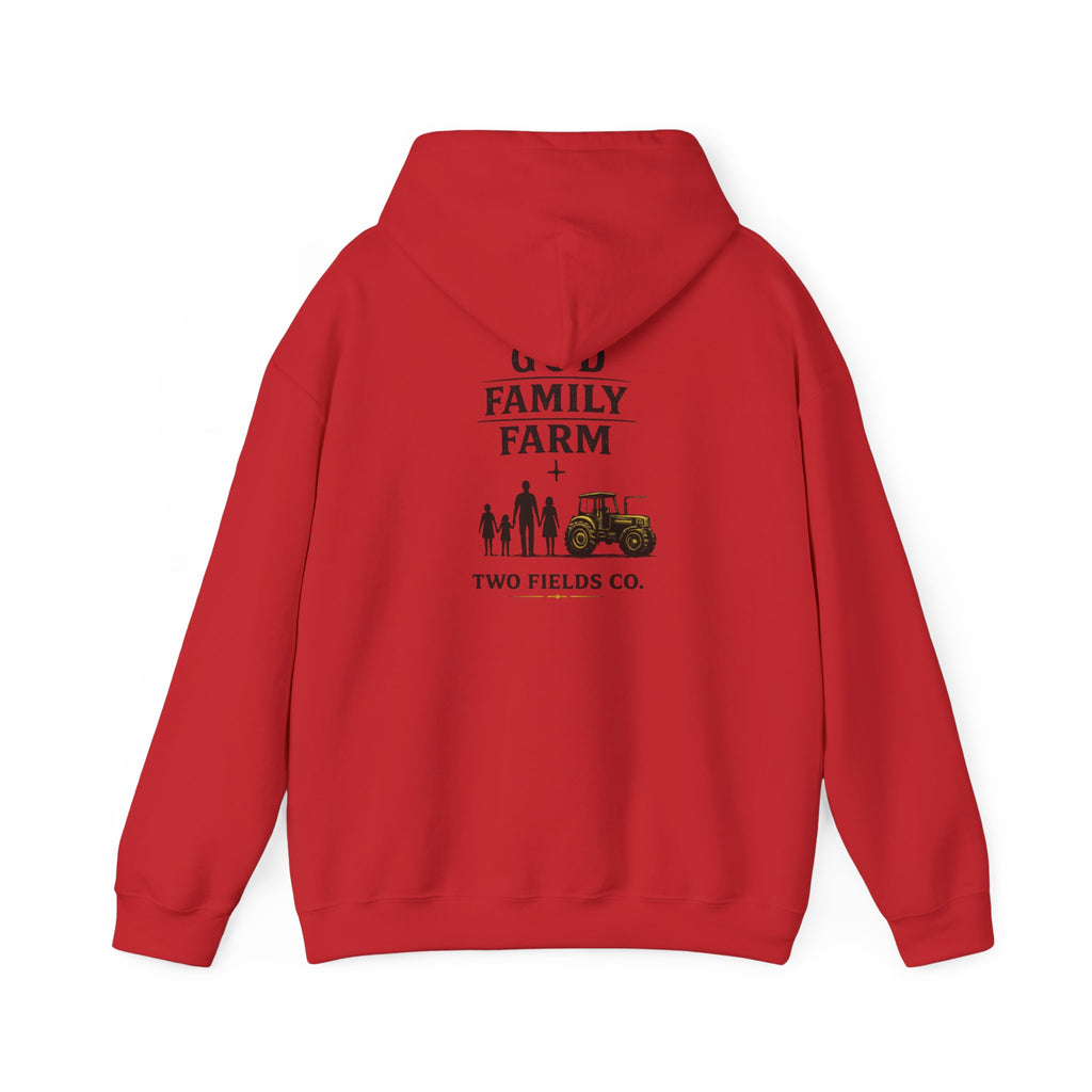 Red pullover hoodie with FAMILY FARM graphic and tractor on back