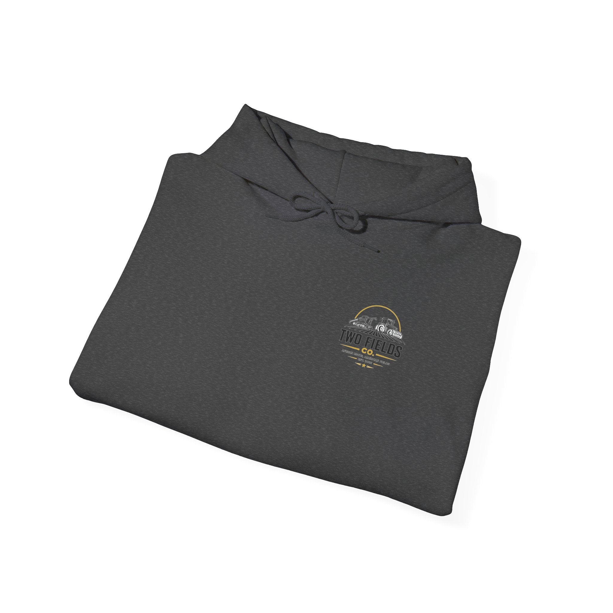 Charcoal pullover hoodie with hood and front pocket; small chest scenic farm sunset graphic