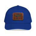 Royal blue baseball cap with light brown rectangular H2A flag leather patch