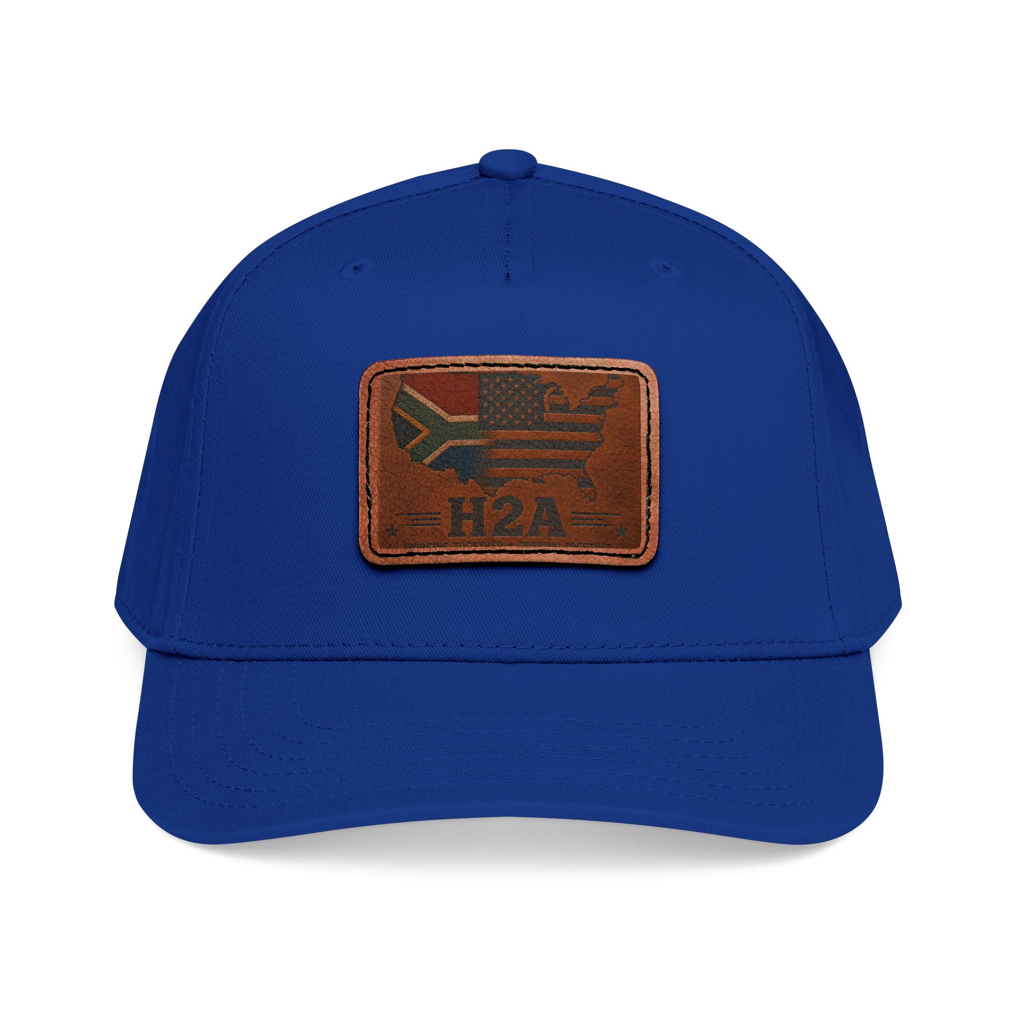 Royal blue baseball cap with light brown rectangular H2A flag leather patch