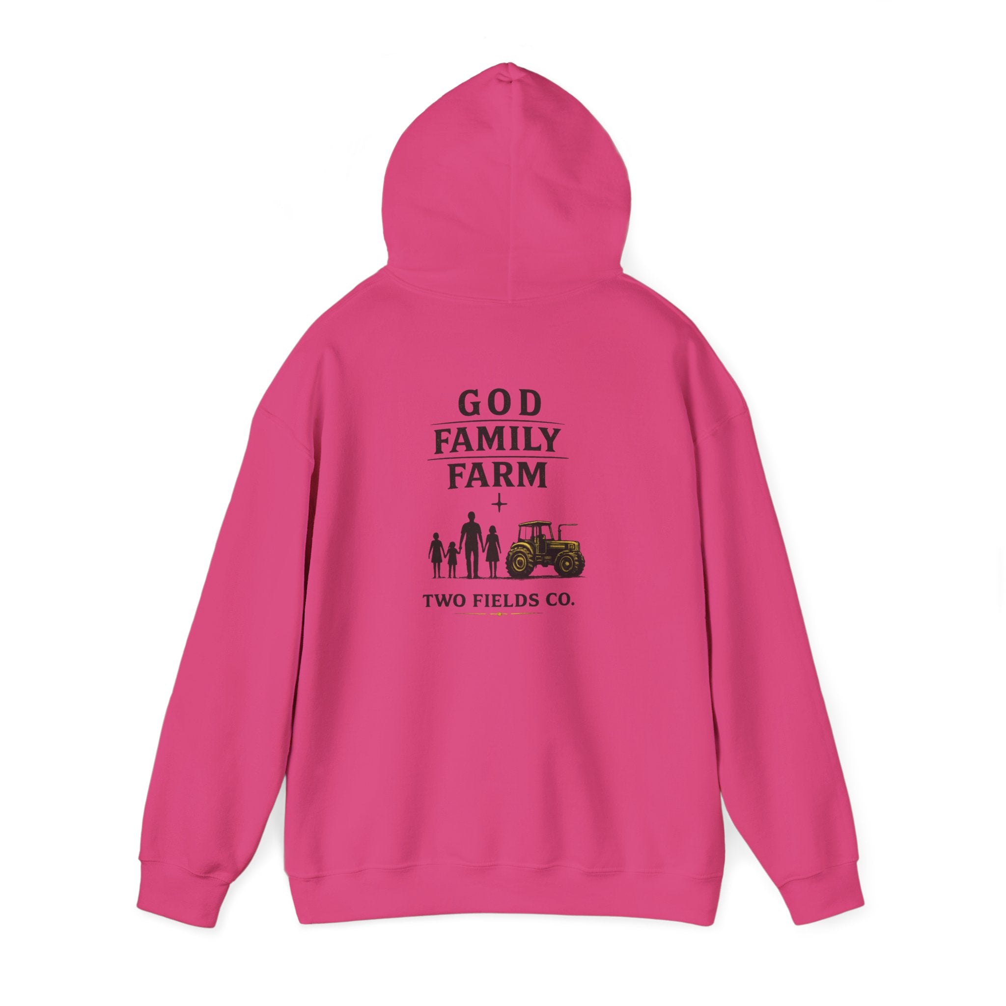 Fuchsia pullover hoodie with GOD FAMILY FARM graphic and tractor on back