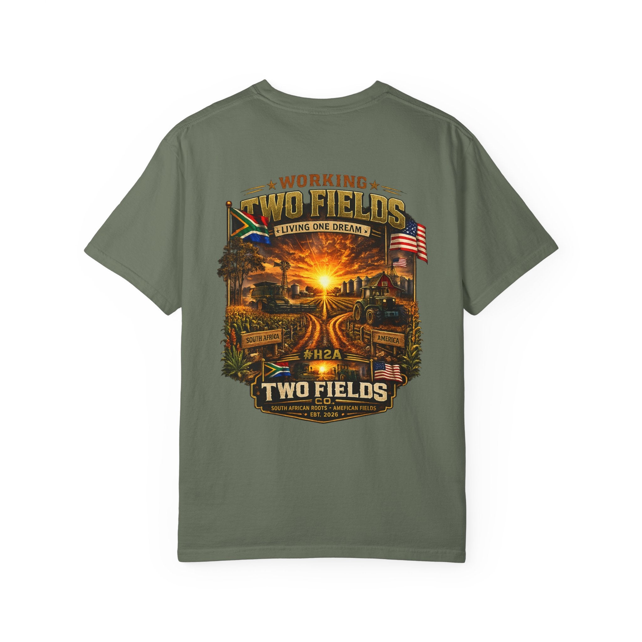 Olive green short-sleeve T-shirt with Working Two Fields sunset graphic