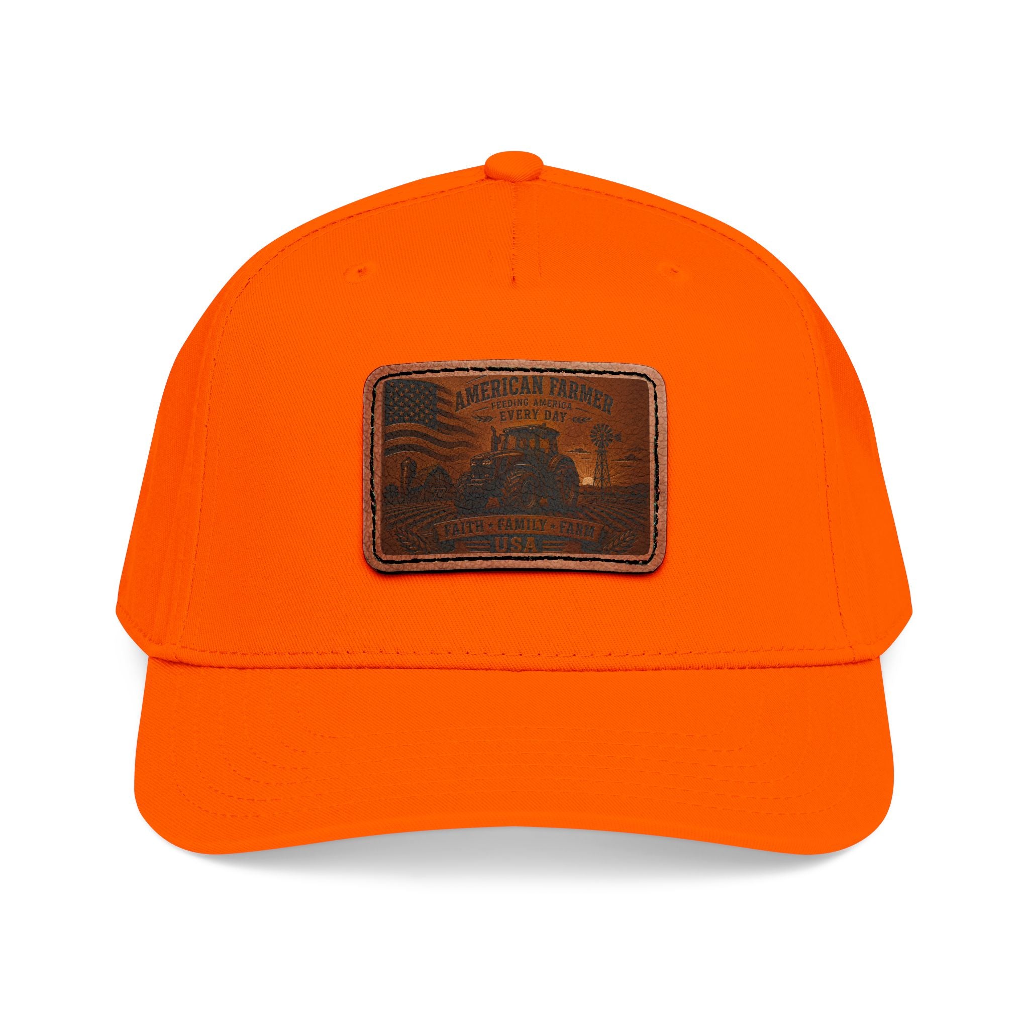Bright orange baseball cap with tan leather rectangle patch