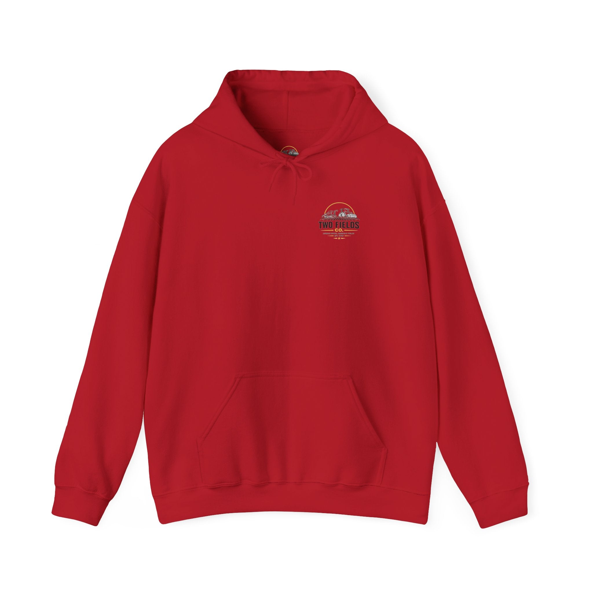Red pullover hoodie front with kangaroo pocket and Two Fields logo
