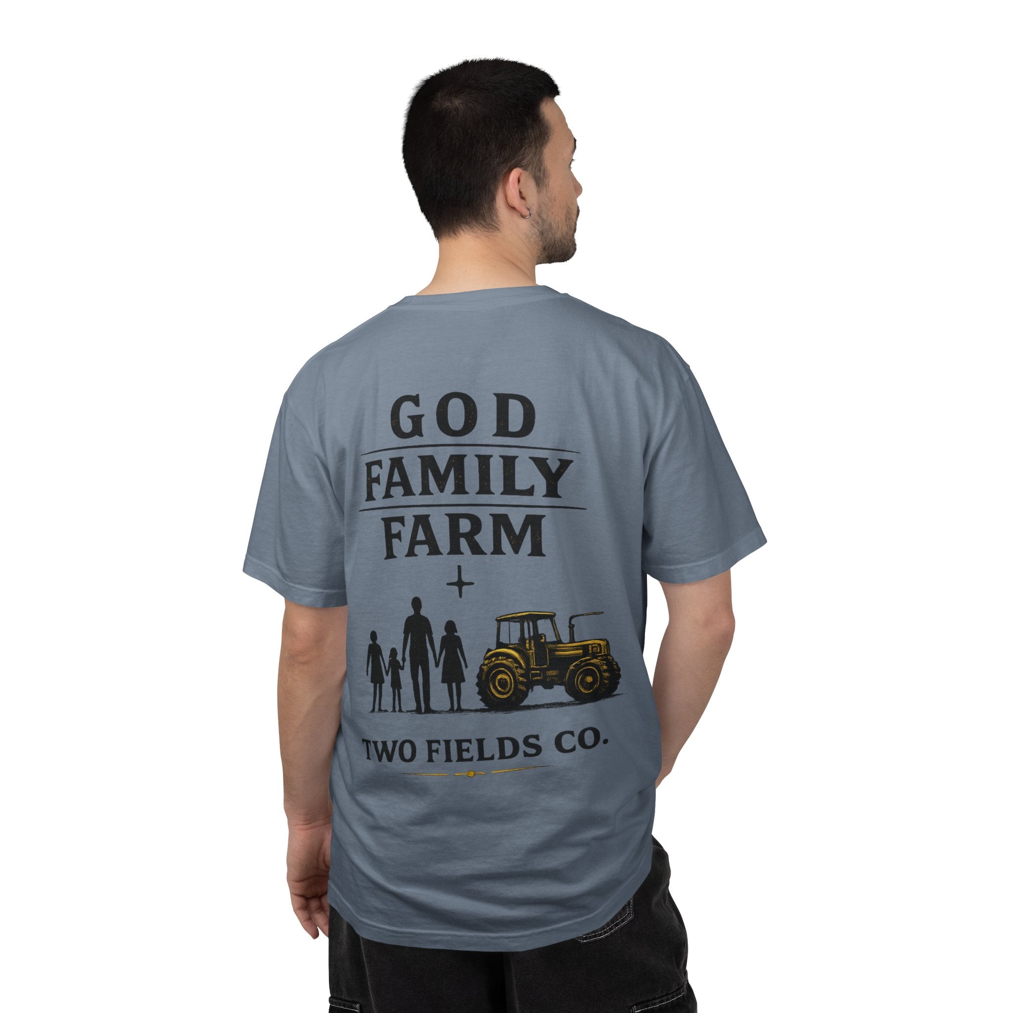 Light blue crewneck T-shirt with back God Family Farm + tractor family graphic and Two Fields Co.