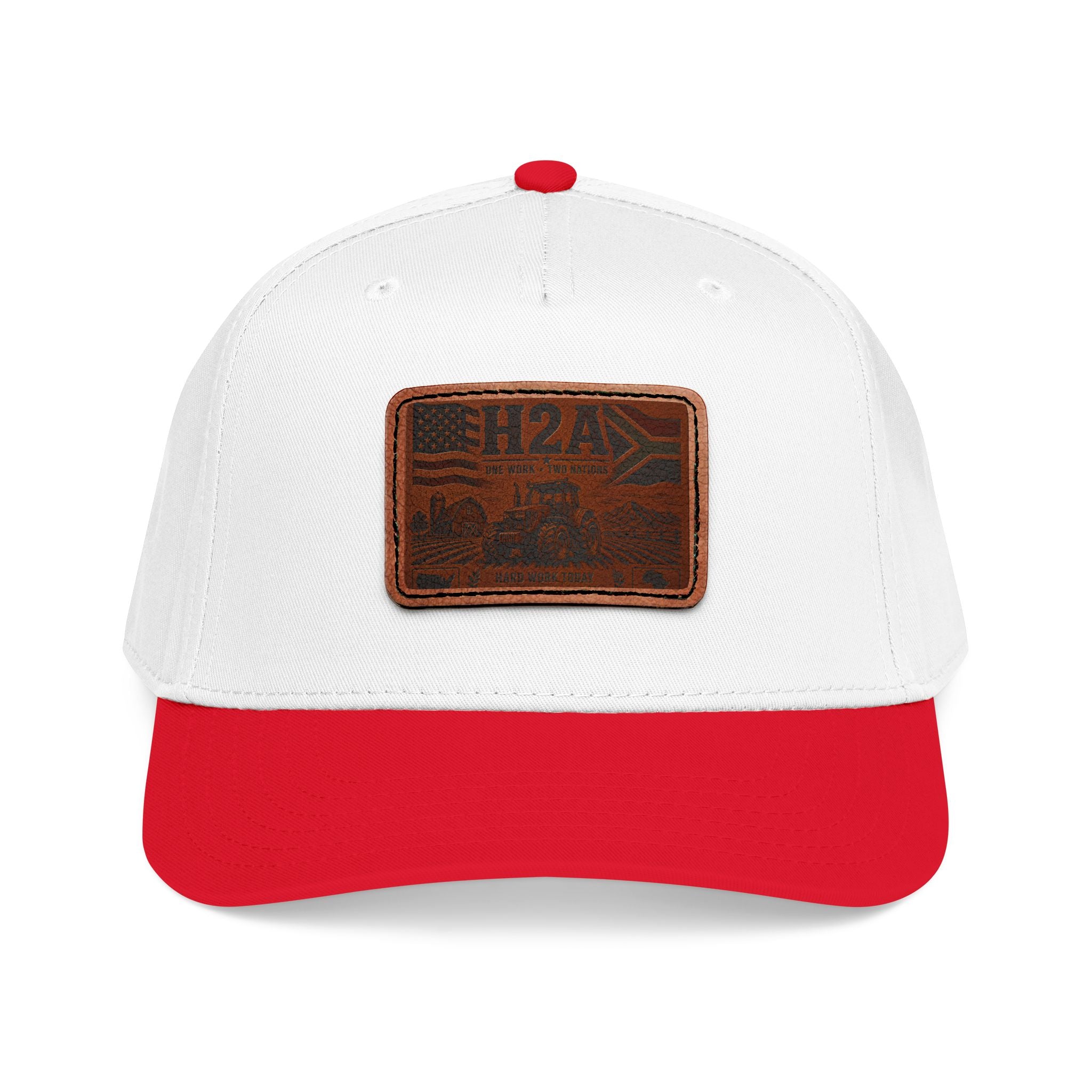 White baseball cap with red brim and rectangular leather H2A truck patch on front.
